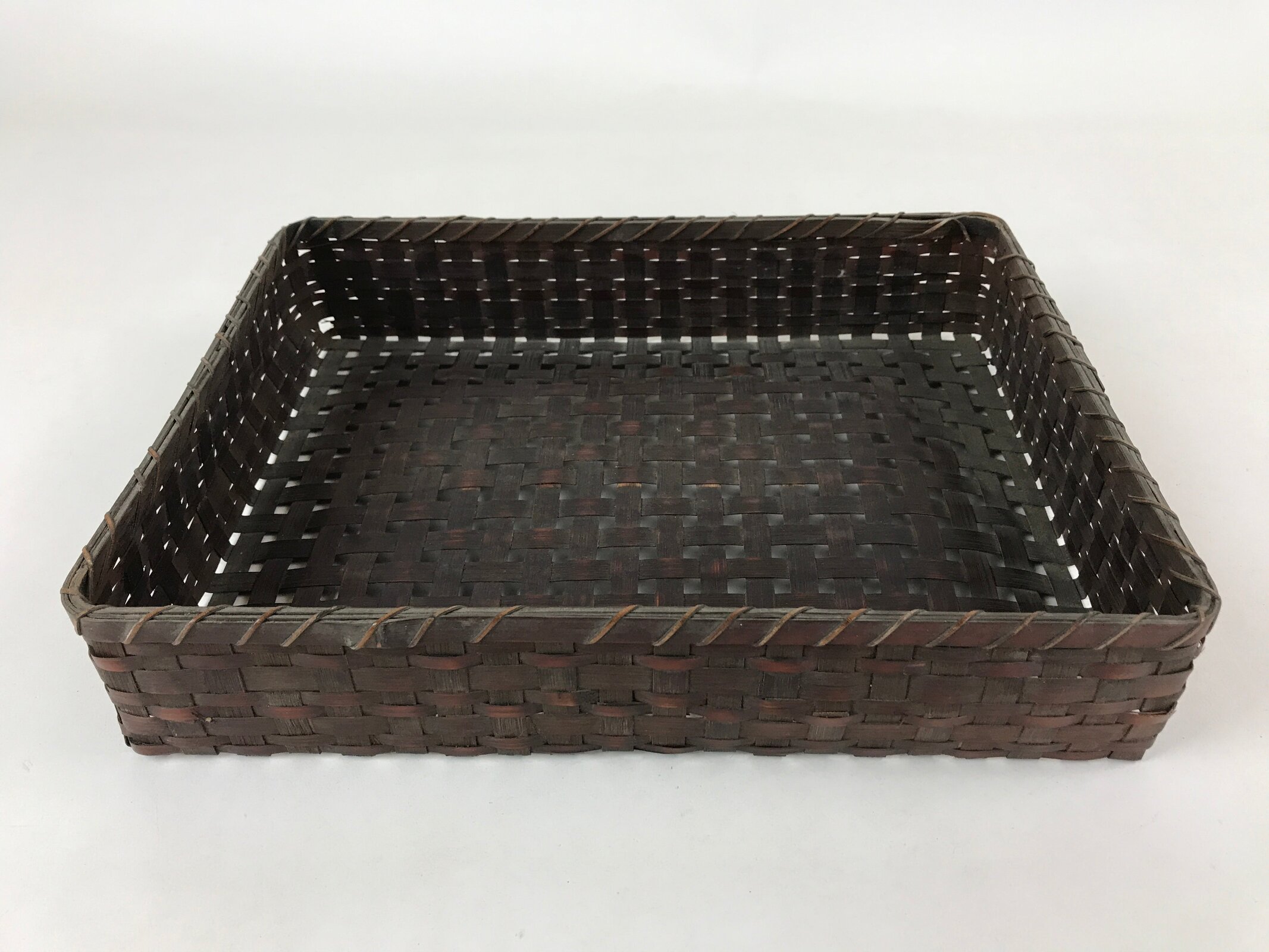 Japanese Bamboo Flat Basket Vtg Tabletop Kago Document Storage Woven Brown B225