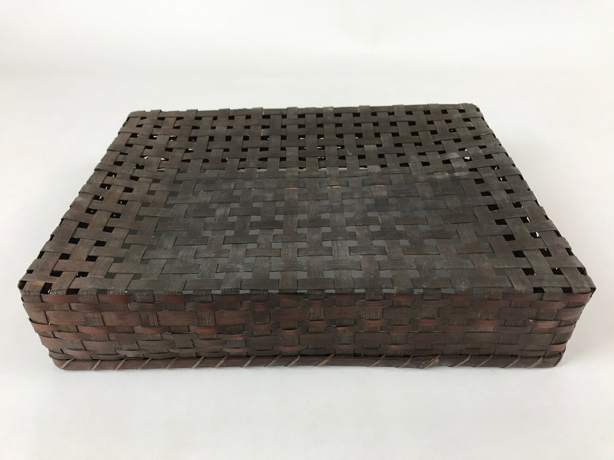 Japanese Bamboo Flat Basket Vtg Tabletop Kago Document Storage Woven Brown B225