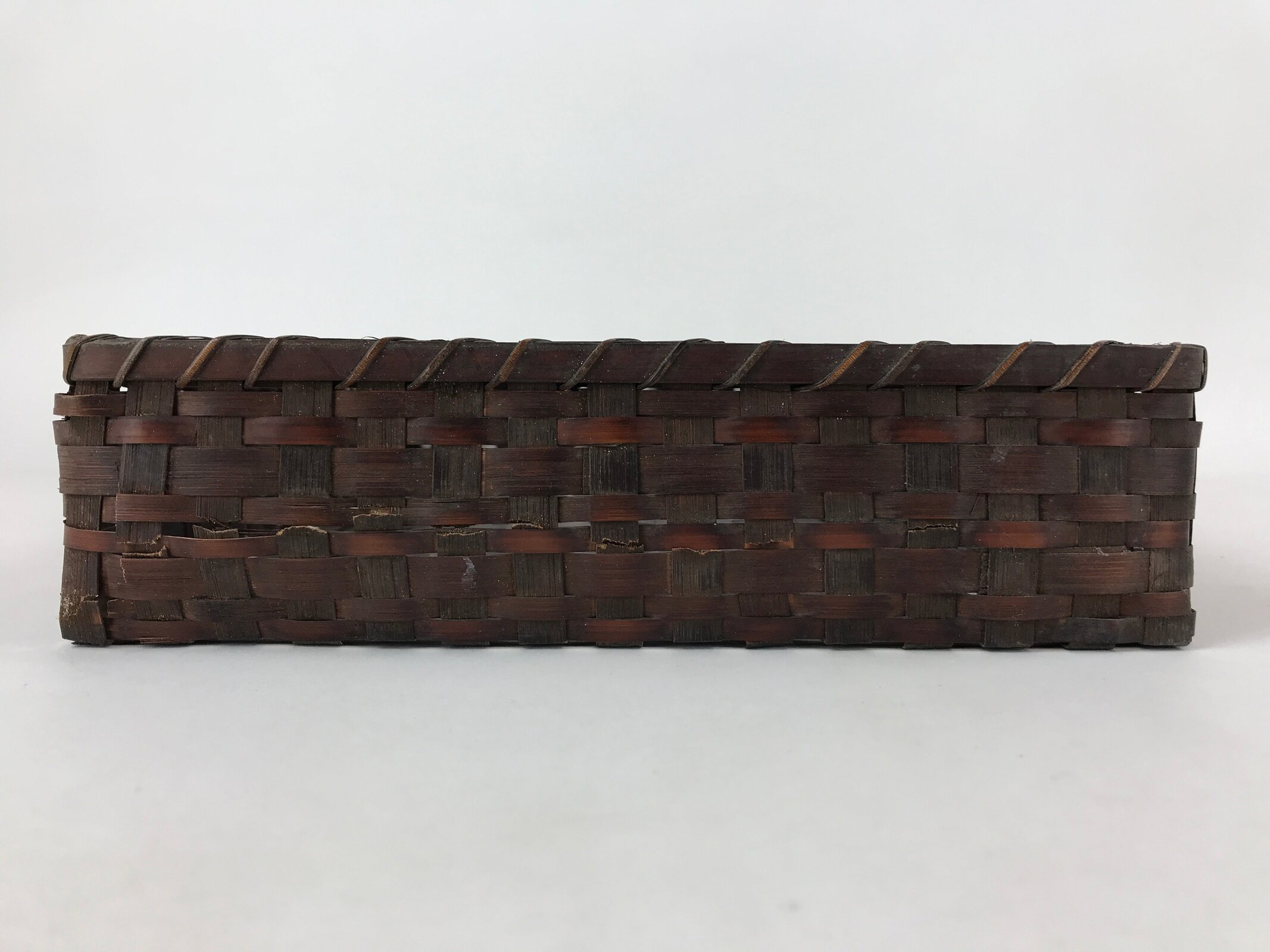 Japanese Bamboo Flat Basket Vtg Tabletop Kago Document Storage Woven Brown B225