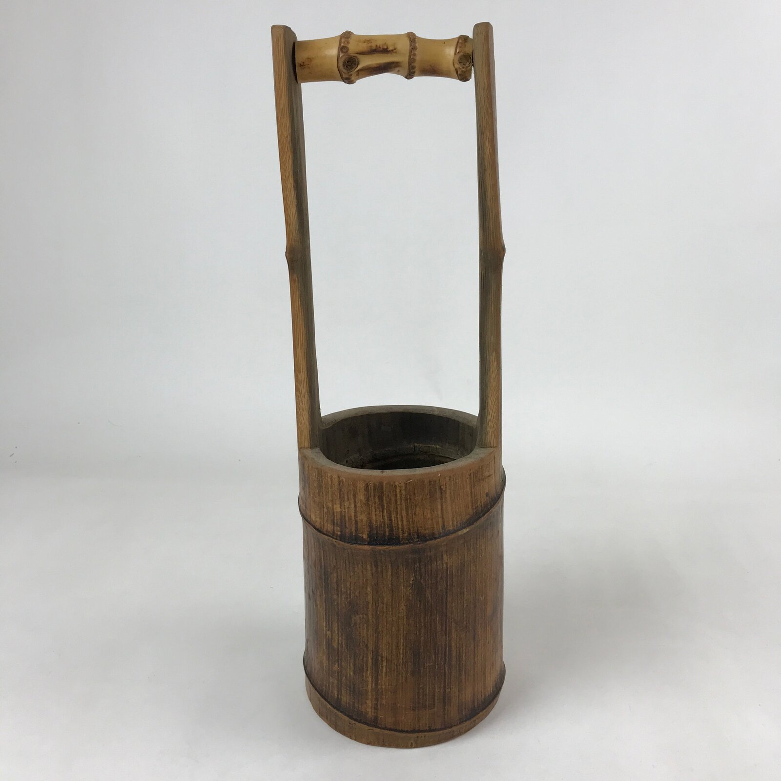 Japanese Bamboo Flower Vase Kabin Vtg Ikebana Arrangement Handle Brown FK89