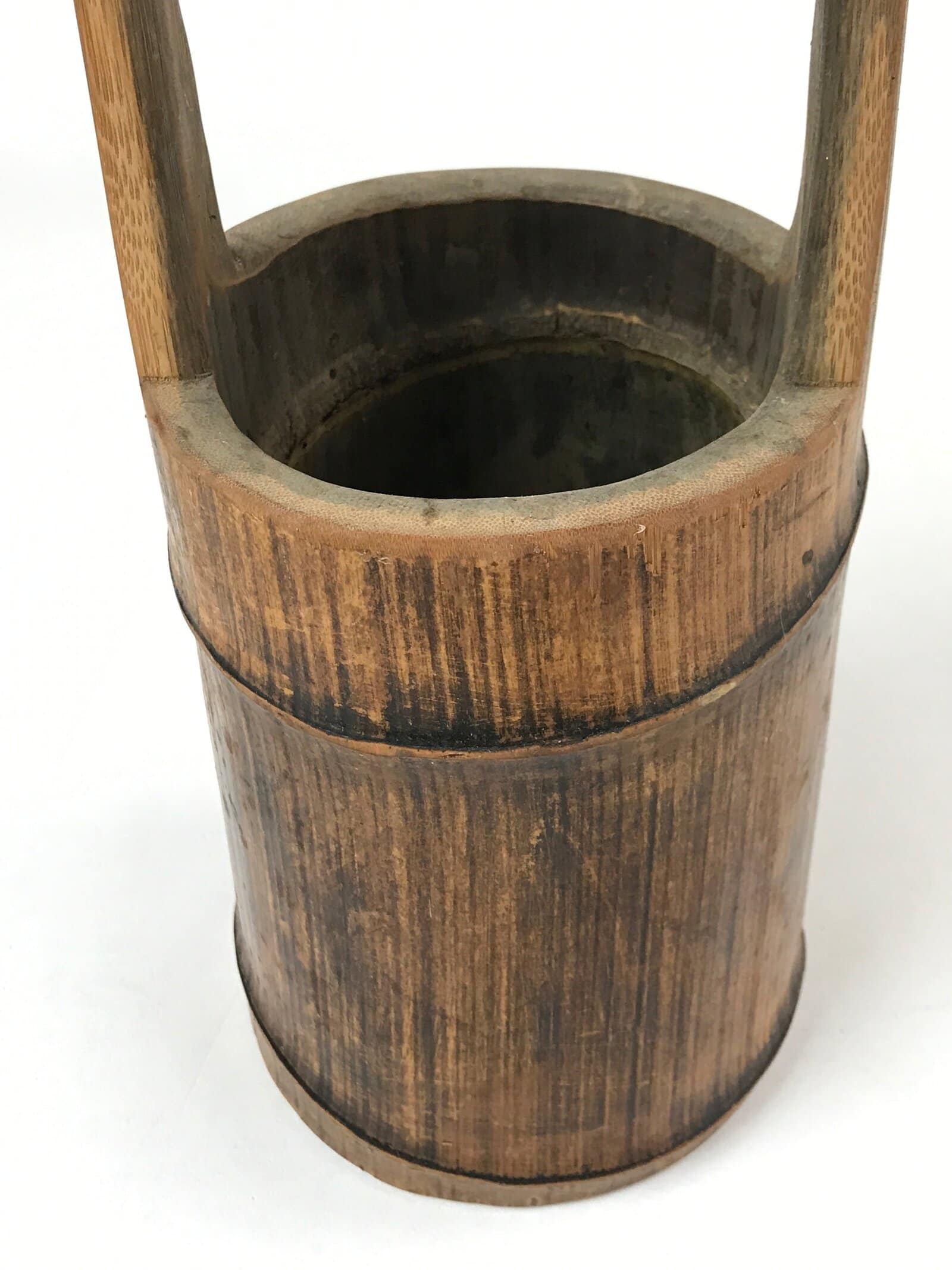 Japanese Bamboo Flower Vase Kabin Vtg Ikebana Arrangement Handle Brown FK89