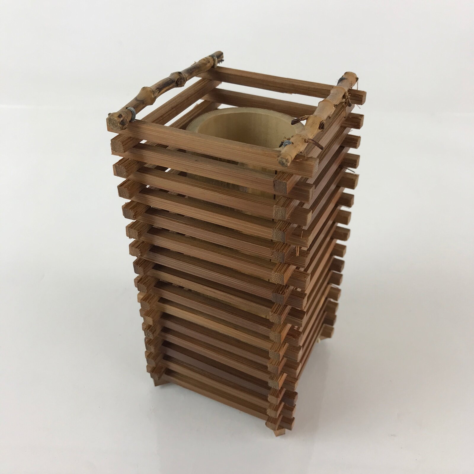 Japanese Bamboo Flower Vase With Tower-like Cover Vtg Kabin Ikebana Arrangement