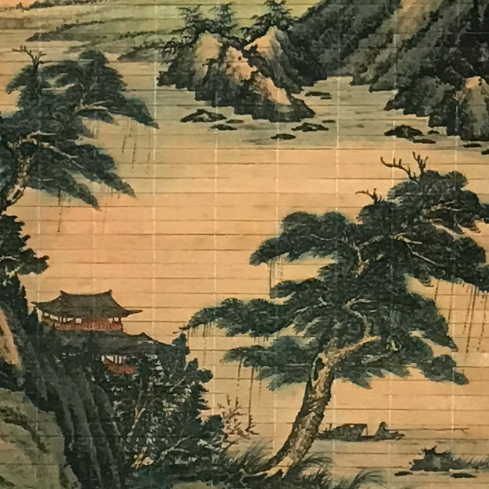 Japanese Bamboo Hanging Scroll Vtg Mountains River Sansui Kakejiku SC899