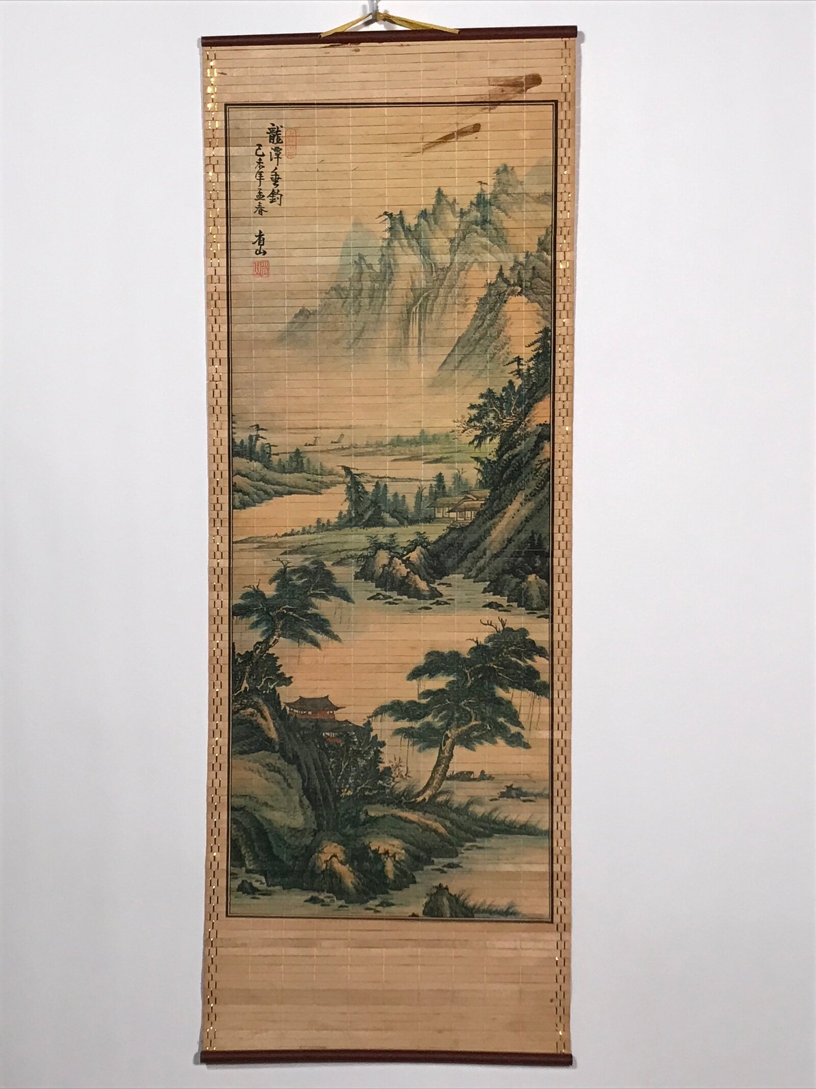 Japanese Bamboo Hanging Scroll Vtg Mountains River Sansui Kakejiku SC899