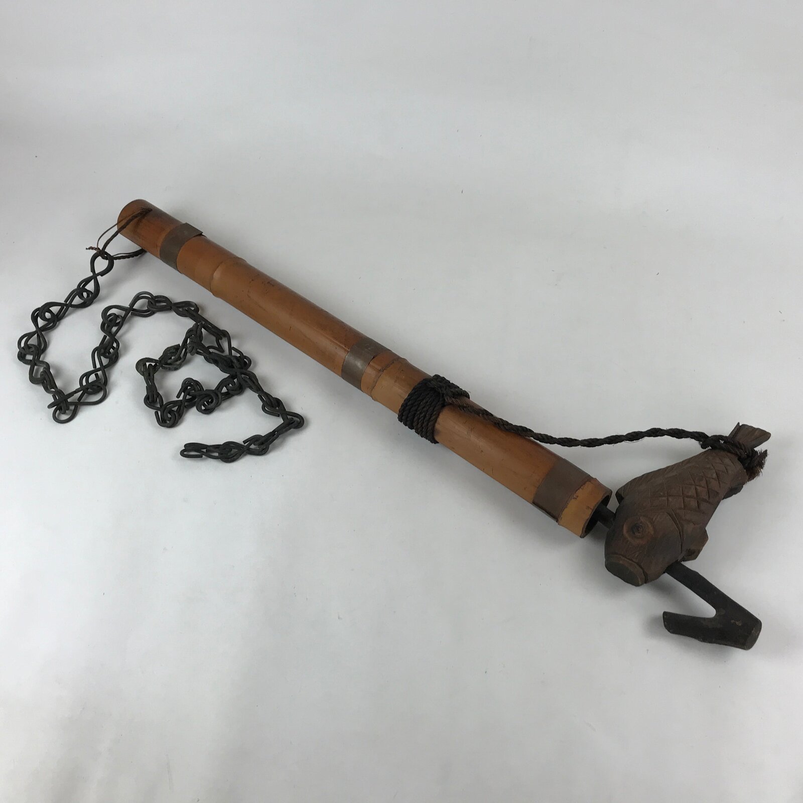 Japanese Bamboo Jizaikagi Hearth Hanger Hook Vtg Fish Wood Irori Chagama JK607