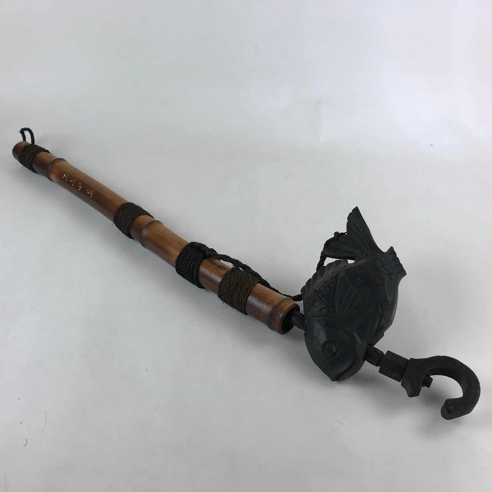 Japanese Bamboo Jizaikagi Hearth Hanger Vtg Fish Wood Irori Chagama JK606