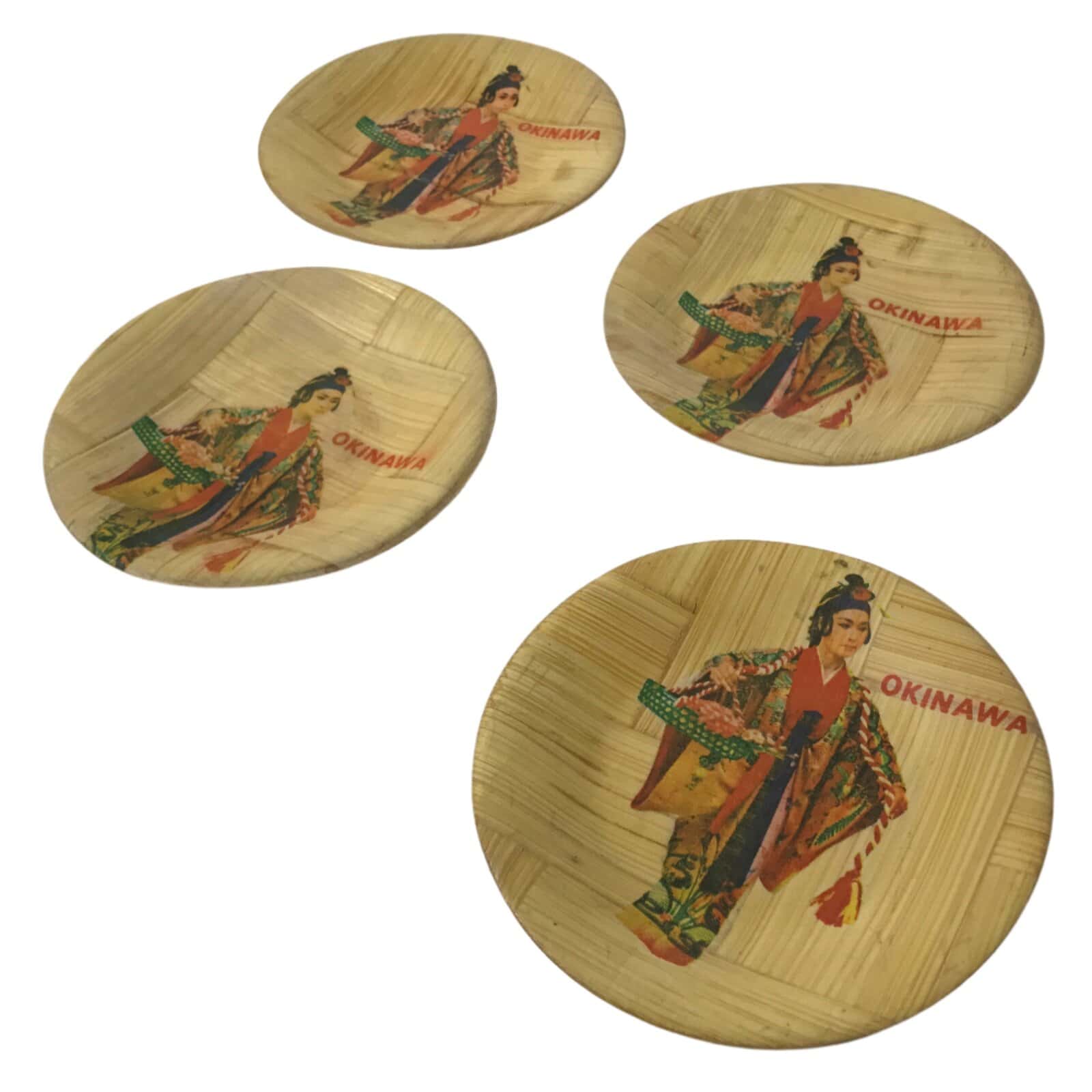 Japanese Bamboo Okinawa Drink Saucer Chataku Coaster Souvenir 4pc Dancer L392