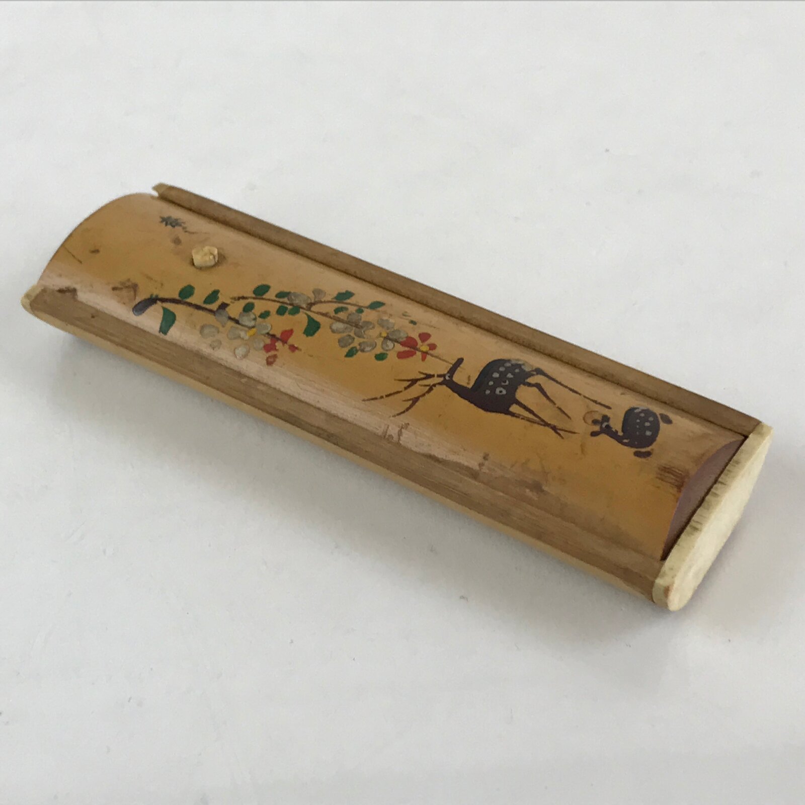 Japanese Bamboo Product Sliding Lid Toothpick Case Vtg Flower Deer Kanji Nara UR