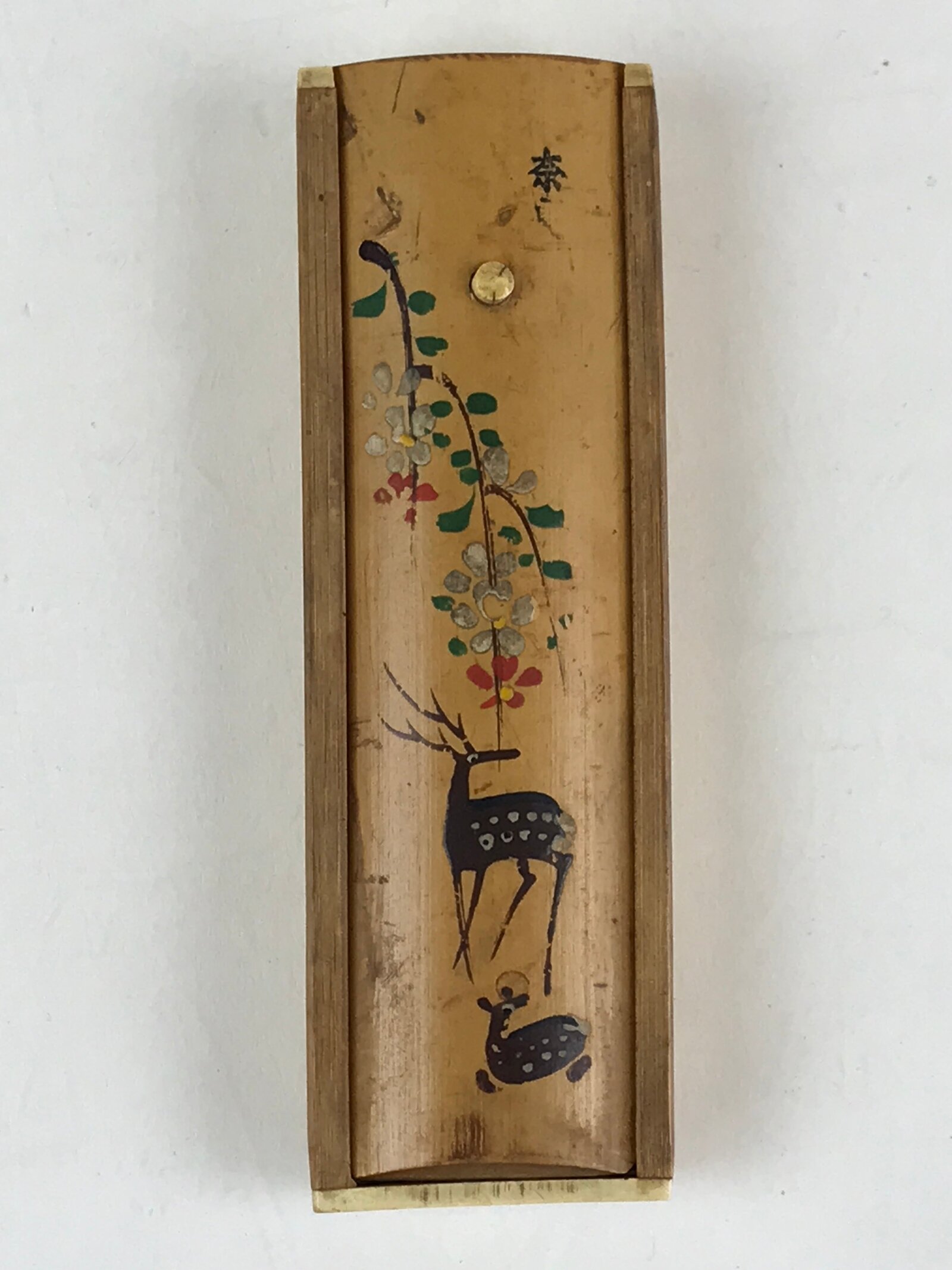Japanese Bamboo Product Sliding Lid Toothpick Case Vtg Flower Deer Kanji Nara UR