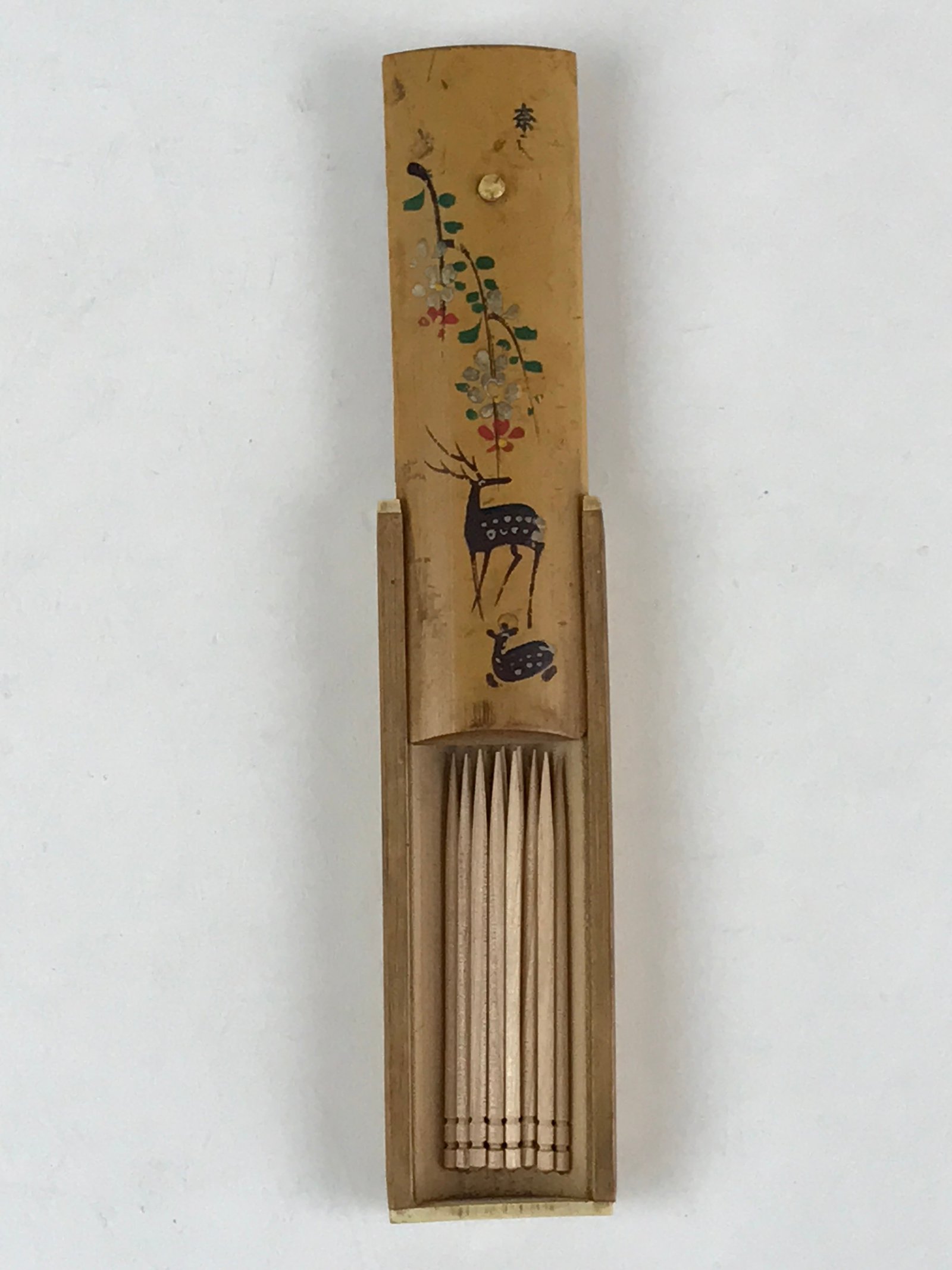 Japanese Bamboo Product Sliding Lid Toothpick Case Vtg Flower Deer Kanji Nara UR
