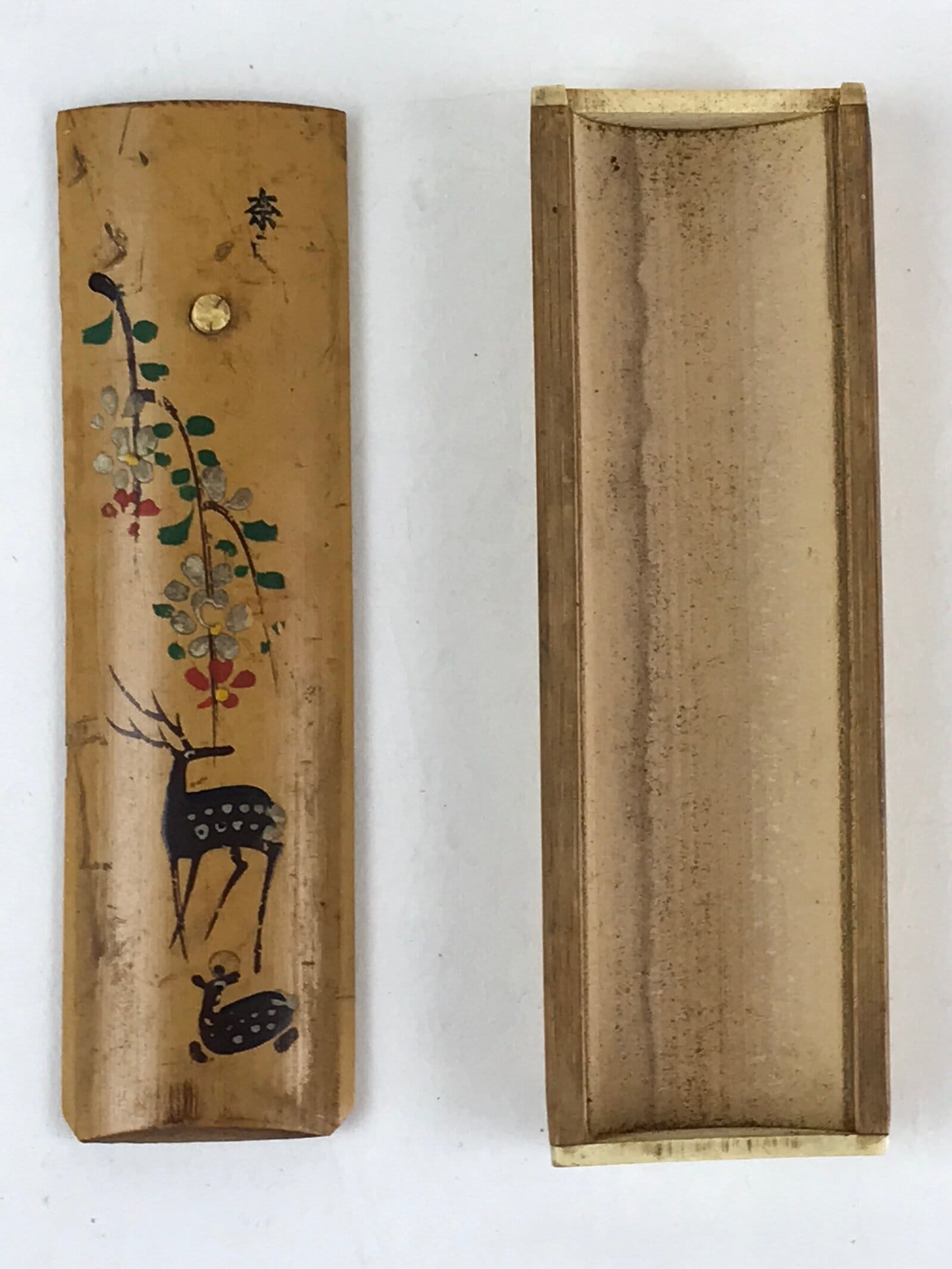 Japanese Bamboo Product Sliding Lid Toothpick Case Vtg Flower Deer Kanji Nara UR