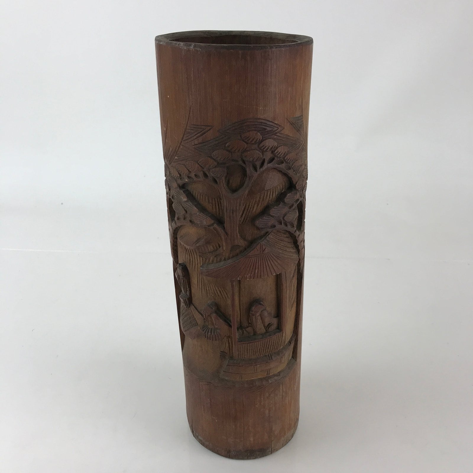 Japanese Bamboo Tube Carving Vase Kabin Vtg Ikebana Flower Arrangement FK34