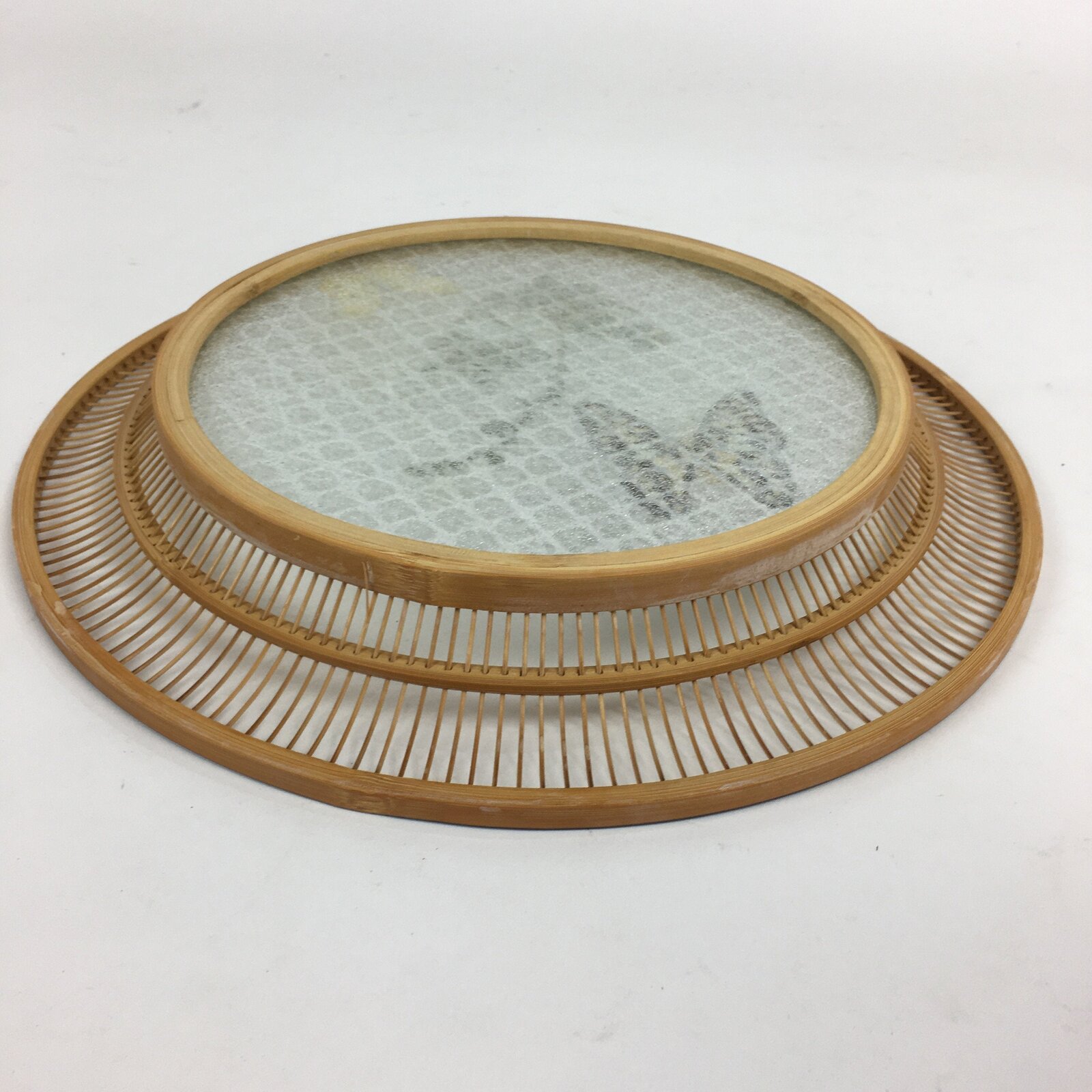 Japanese Bamboo Work Plate Tray Vtg Butterfly See-through Round Shape FL10