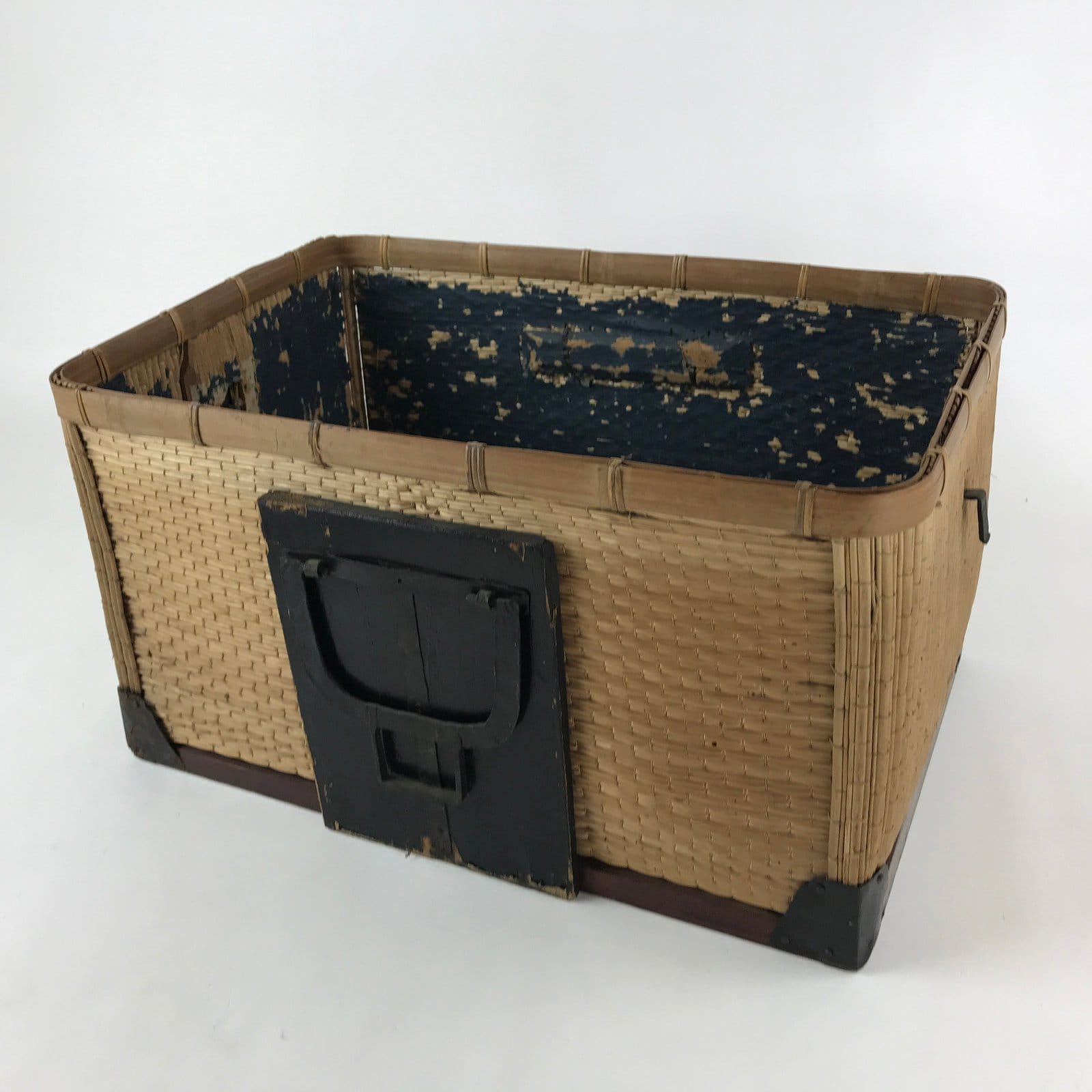Japanese Bamboo Woven Storage Basket Vtg Traveler Chest Kago Iron Handles B221