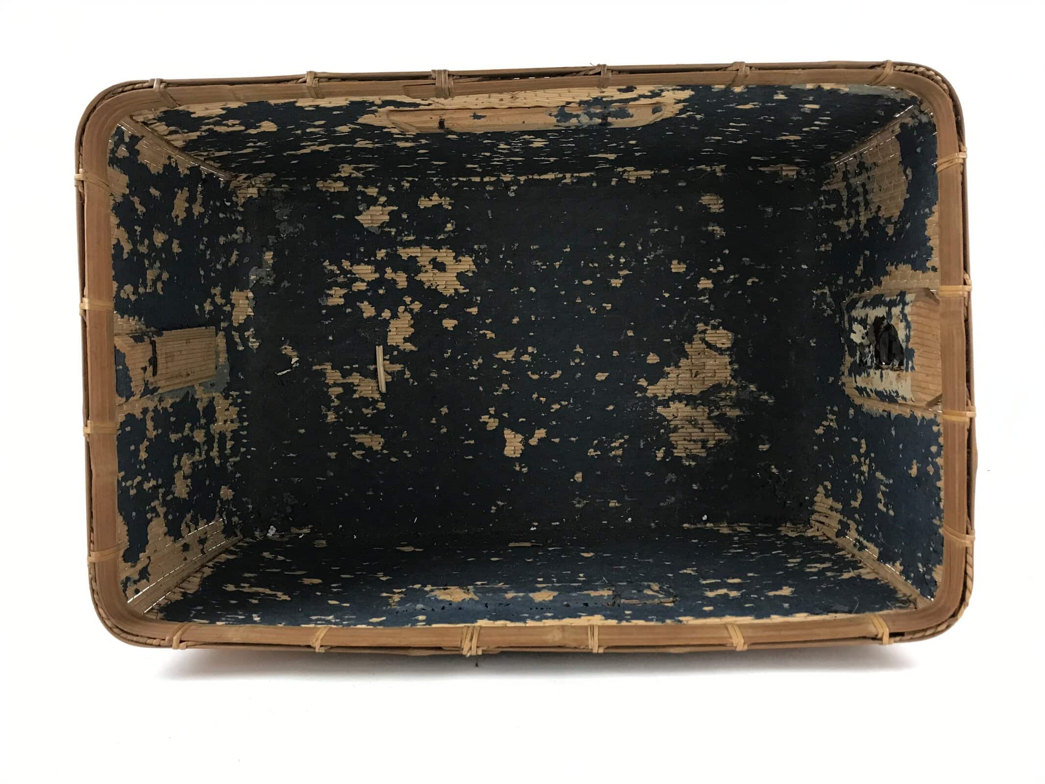 Japanese Bamboo Woven Storage Basket Vtg Traveler Chest Kago Iron Handles B221