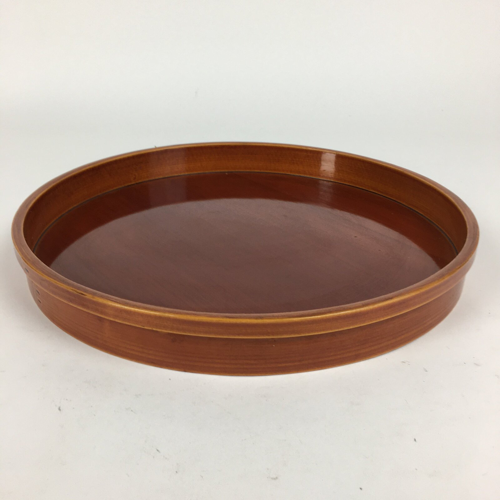 Japanese Bentwood Lacquered Tray Obon Vtg Shunkei-Nuri Round Brown UR636