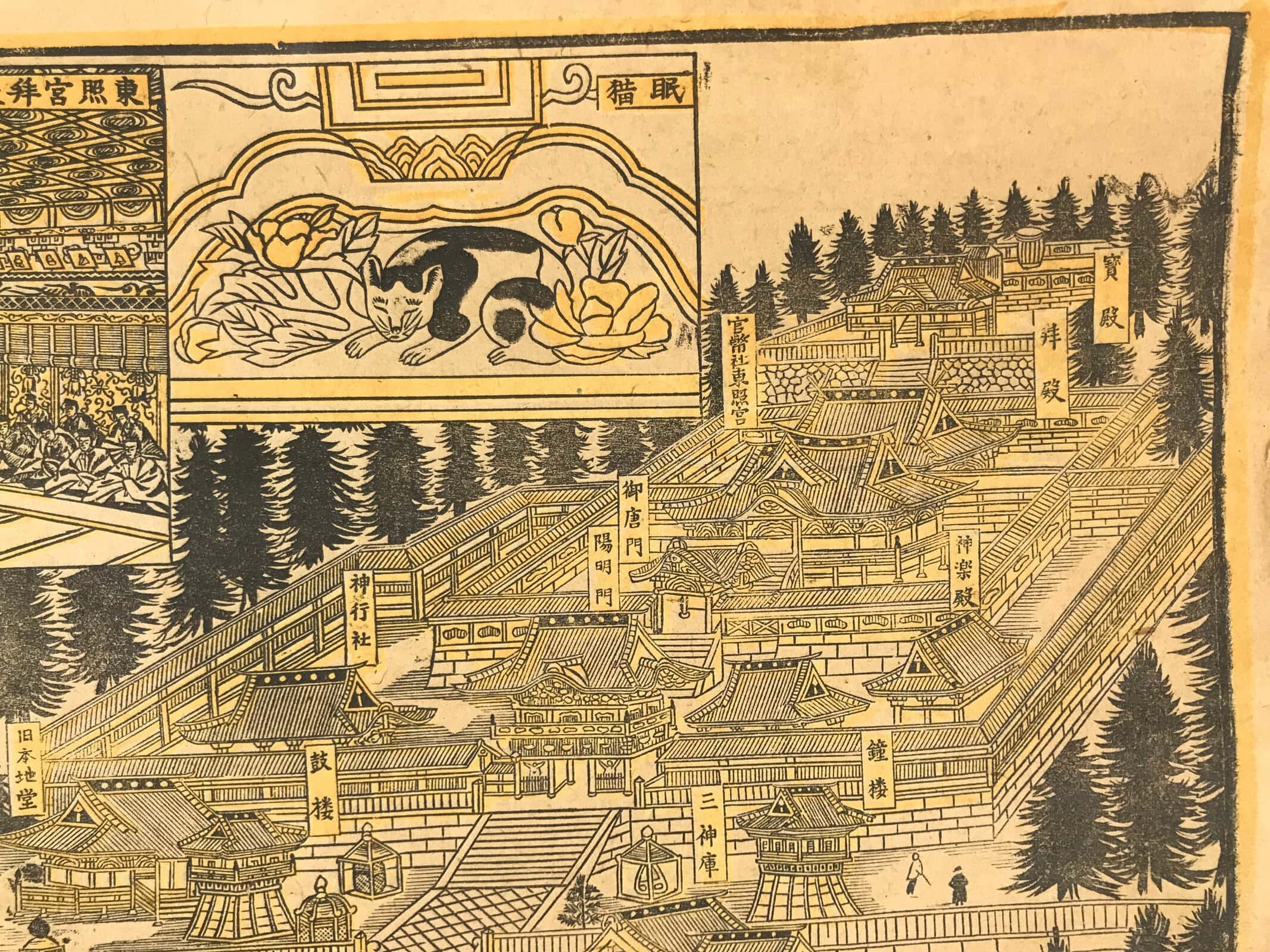 Japanese Bird's-Eye View Map Woodblock Print Nikko-san Shrine Temple 3D FL362