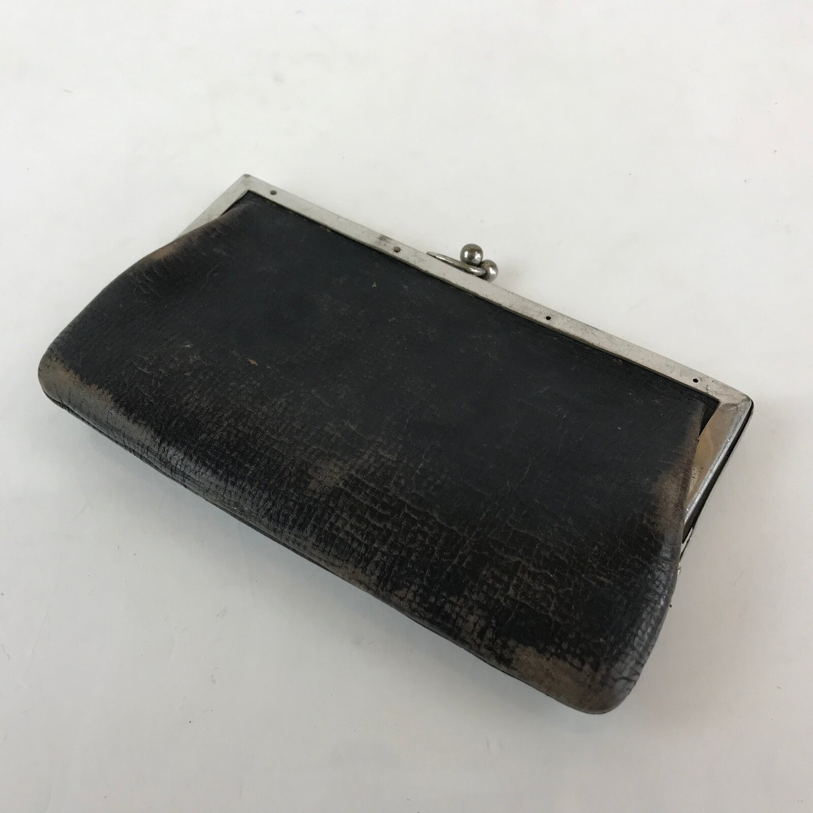 Japanese Black Leather Wallet Purse Clasp Vtg Inner Coin Section Showa Era JK483