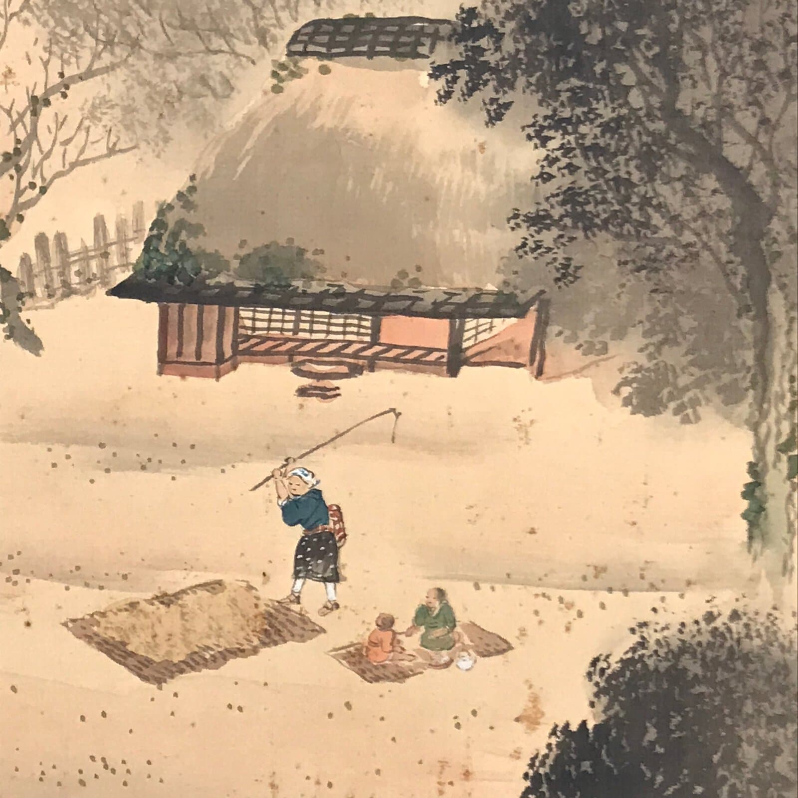 Japanese Boxed Hanging Scroll Kakejiku Vtg House Mountain Tree Color KJ135