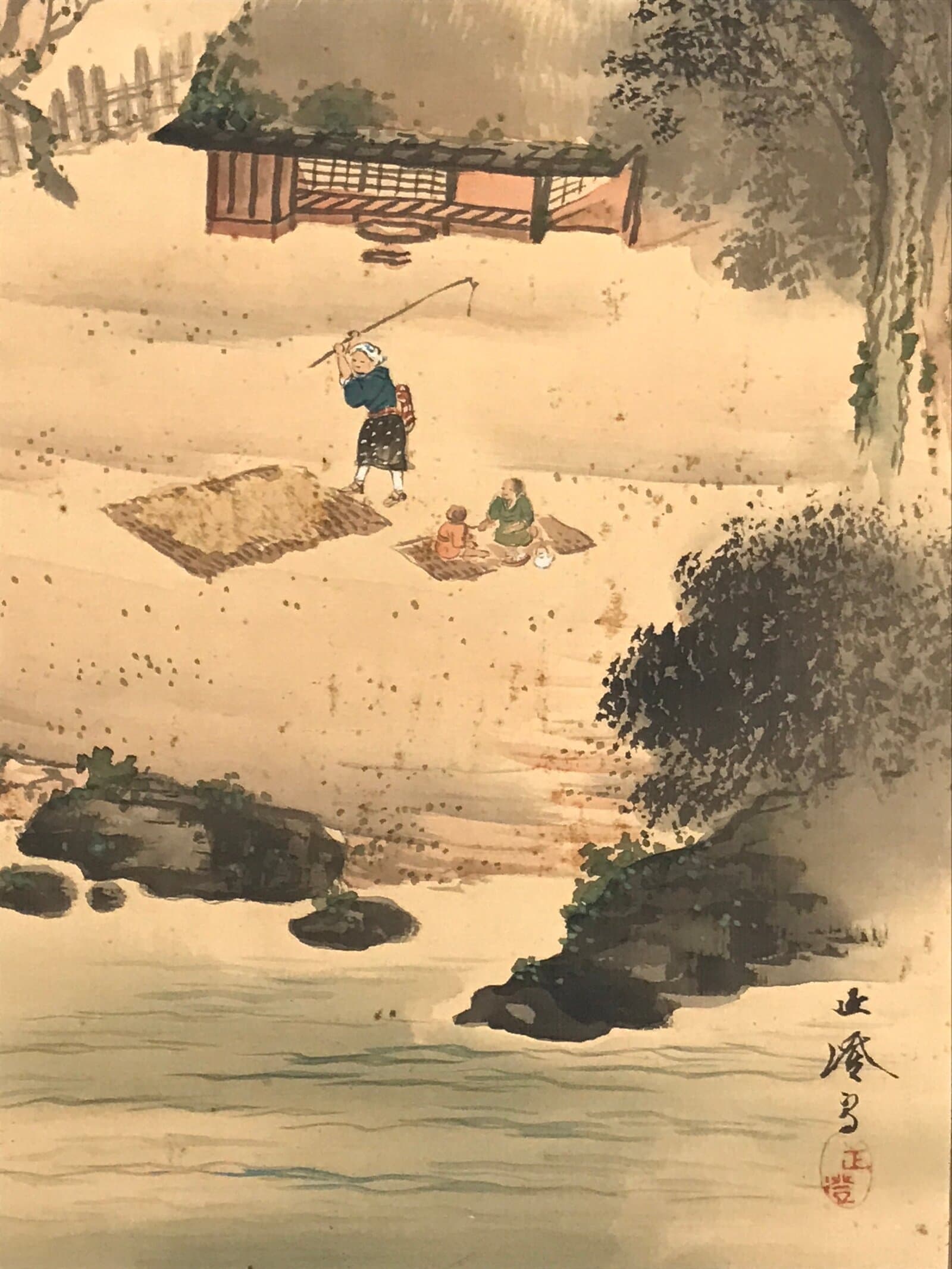 Japanese Boxed Hanging Scroll Kakejiku Vtg House Mountain Tree Color KJ135