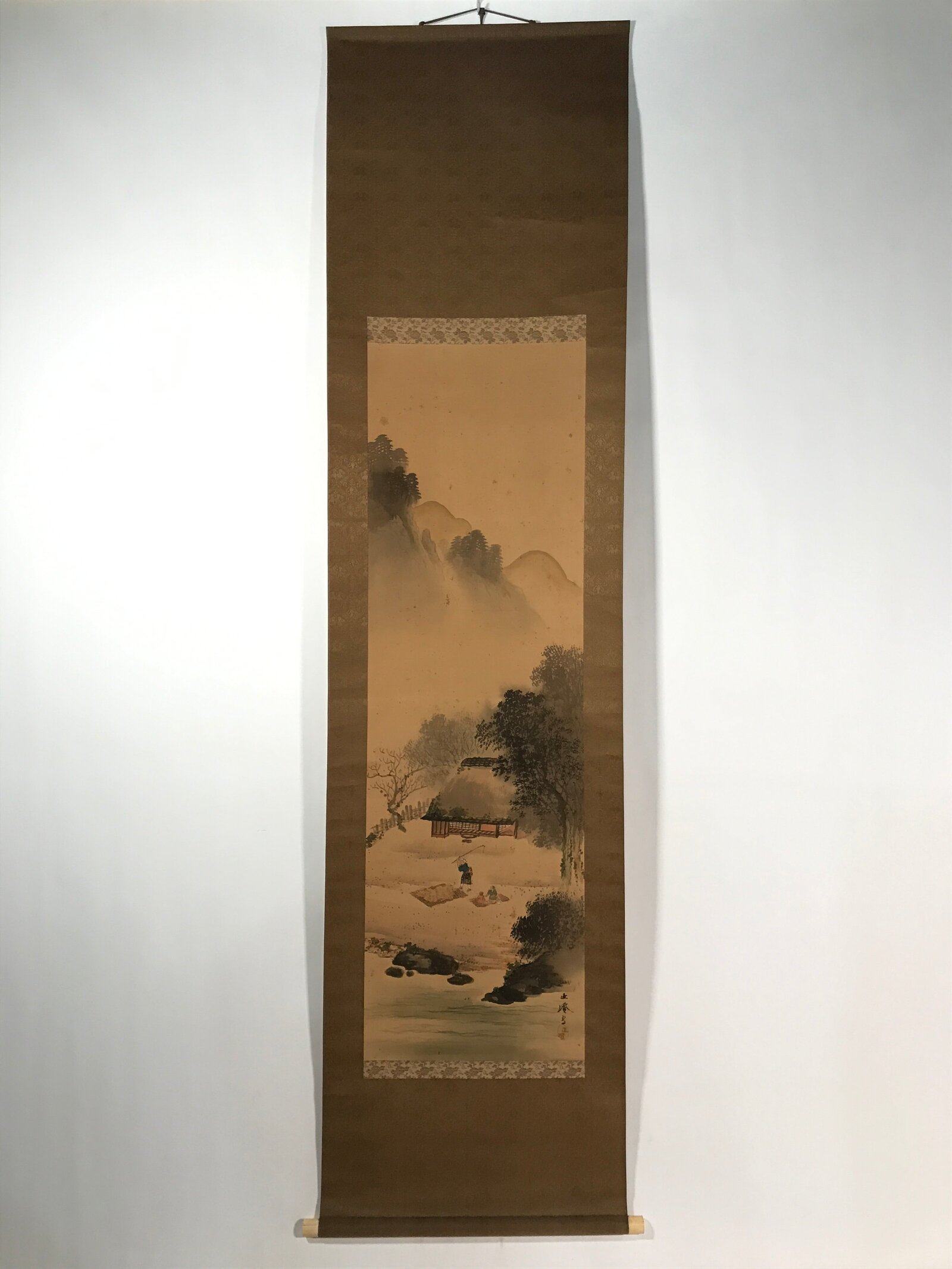 Japanese Boxed Hanging Scroll Kakejiku Vtg House Mountain Tree Color KJ135