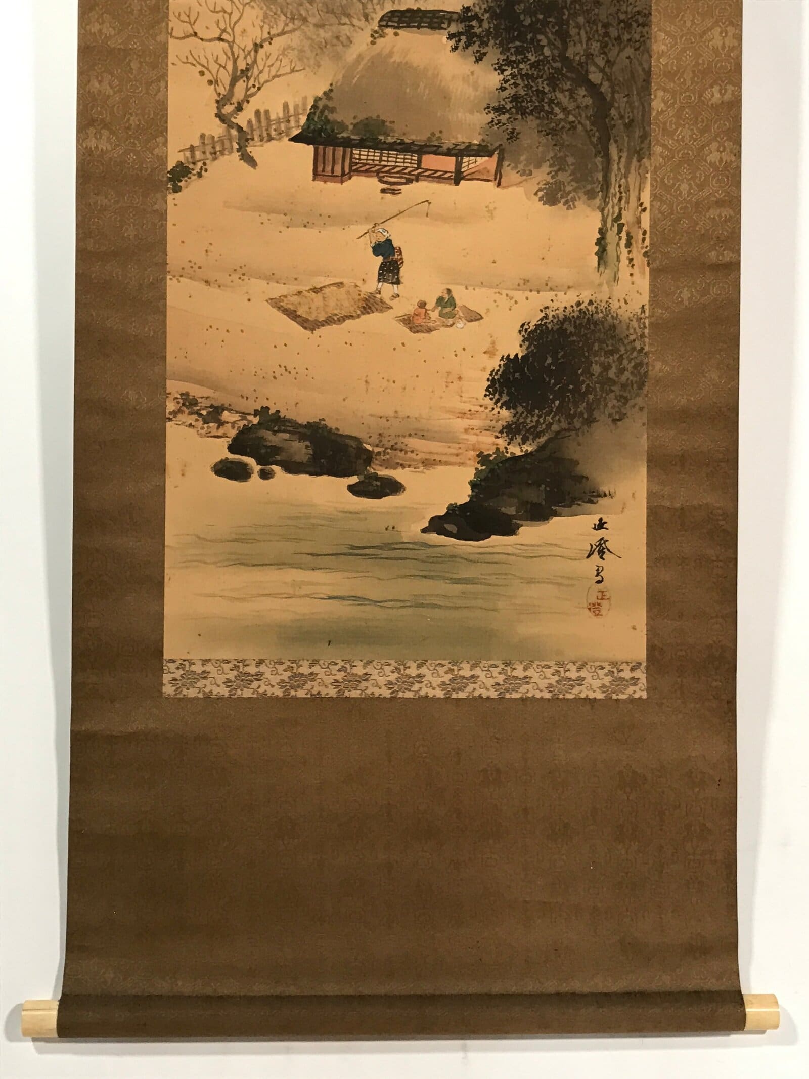 Japanese Boxed Hanging Scroll Kakejiku Vtg House Mountain Tree Color KJ135