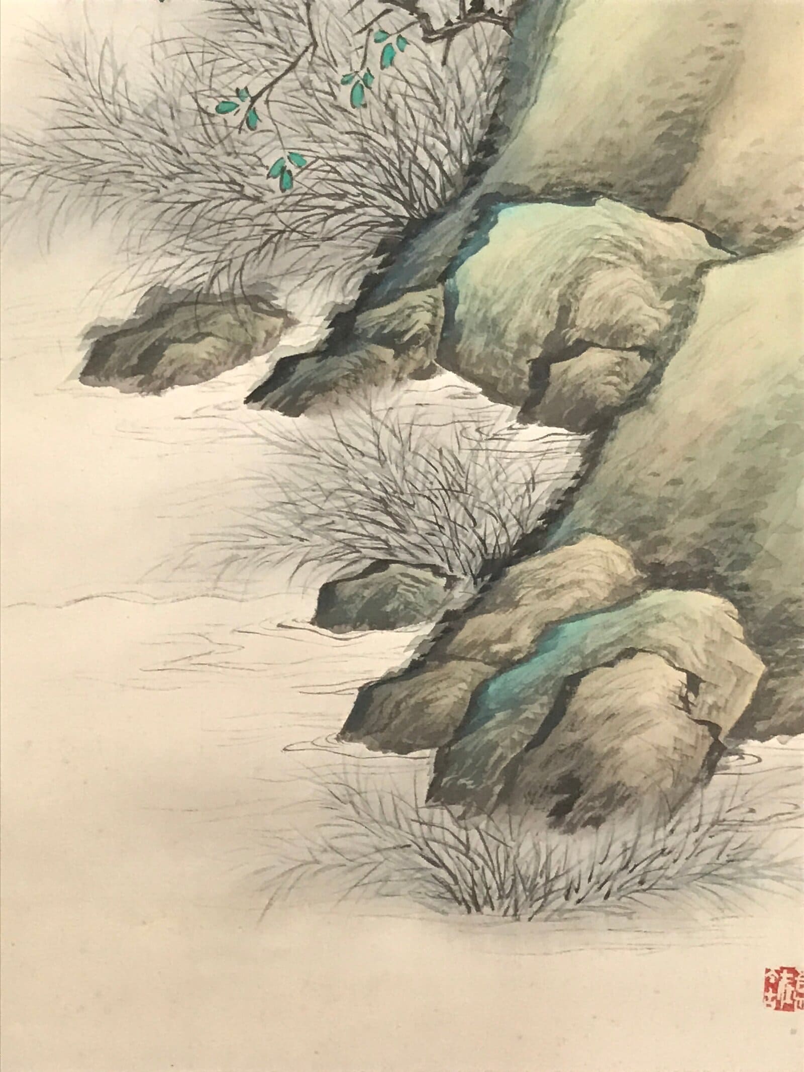 Japanese Boxed Hanging Scroll Kakejiku Vtg Men Boat River Mountains Color KJ138