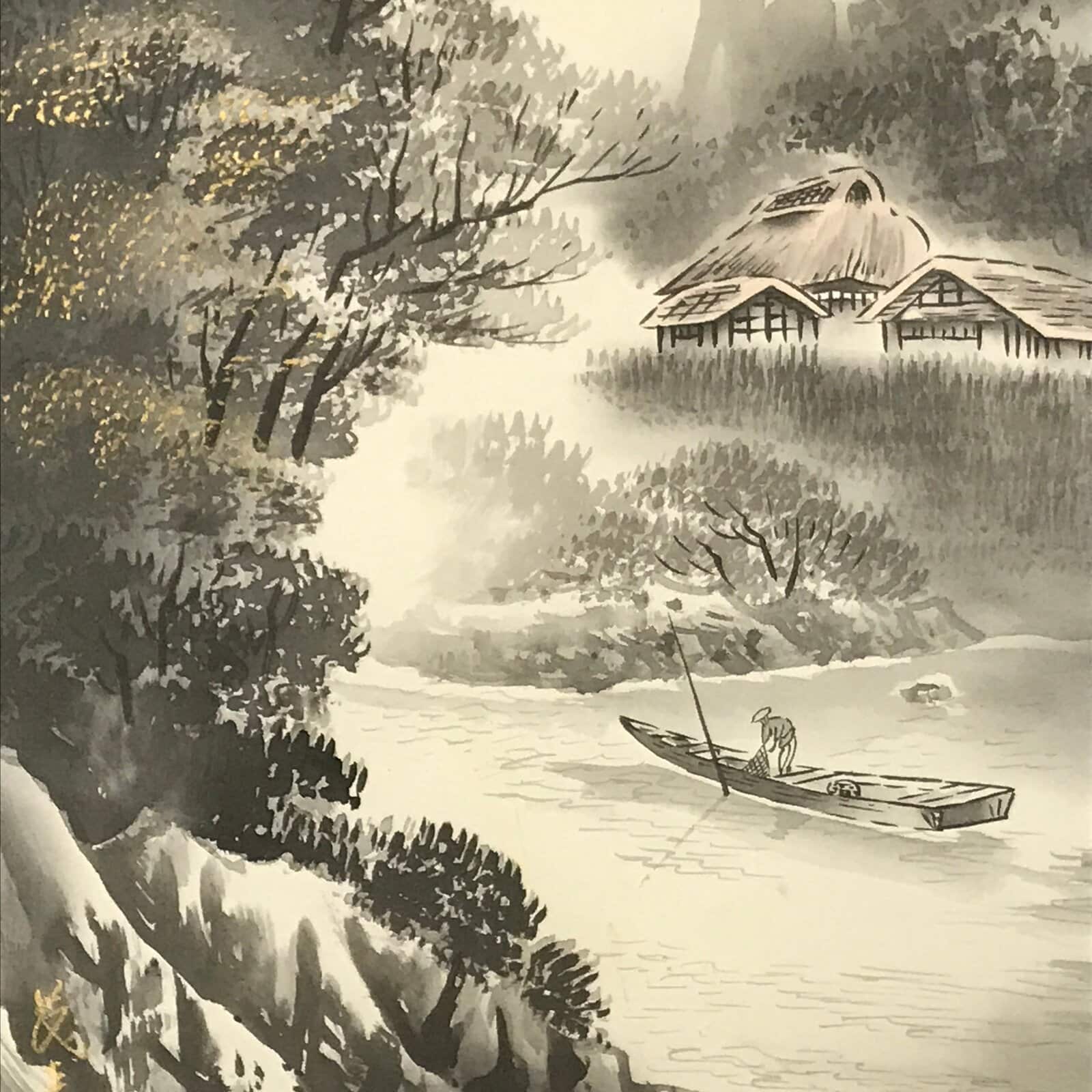 Japanese Boxed Hanging Scroll Kakejiku Vtg Mountains Boat River Monochrome KJ142