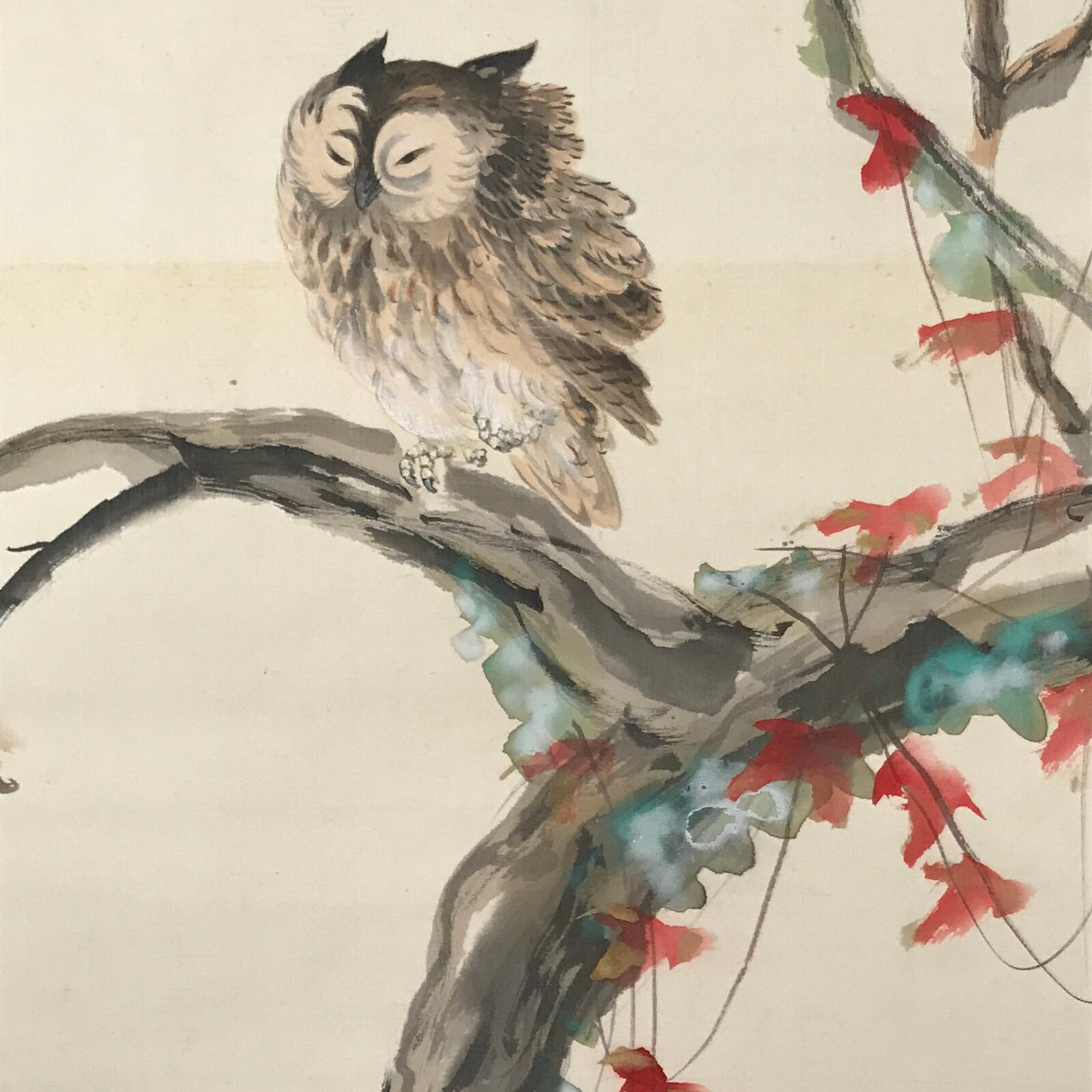 Japanese Boxed Hanging Scroll Kakejiku Vtg Owl Bird Tree Red Leaf Vine KJ136