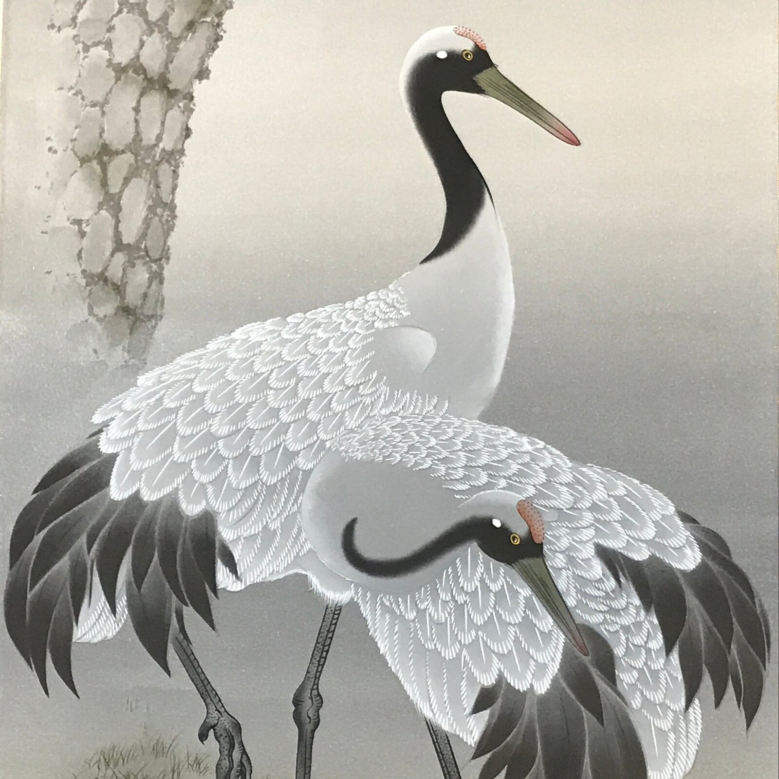 Japanese Boxed Hanging Scroll Kakejiku Vtg Pine Tree Cranes Red Sun Color KJ133