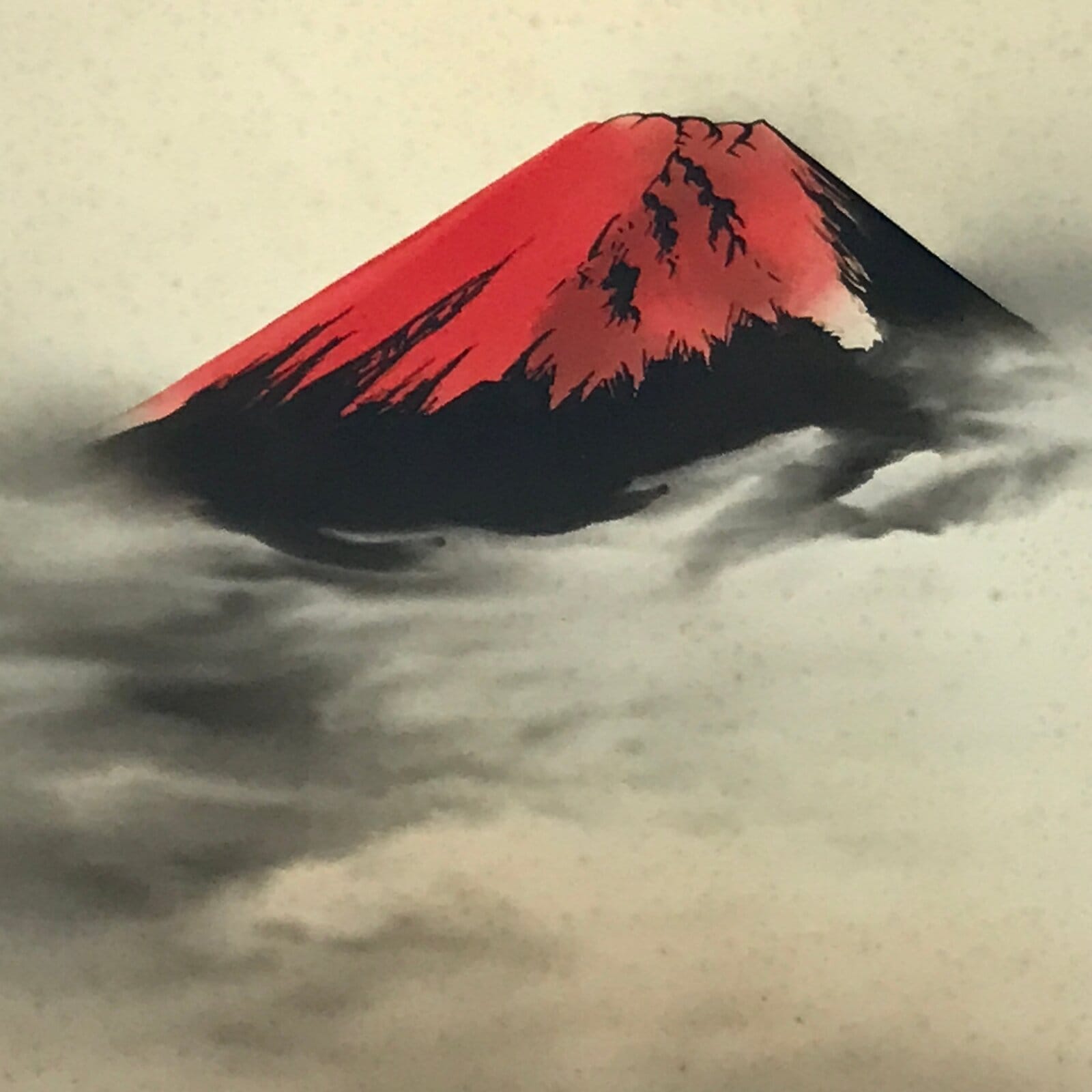 Japanese Boxed Hanging Scroll Kakejiku Vtg Red Mt Fuji Akafuji Waves Sea KJ154