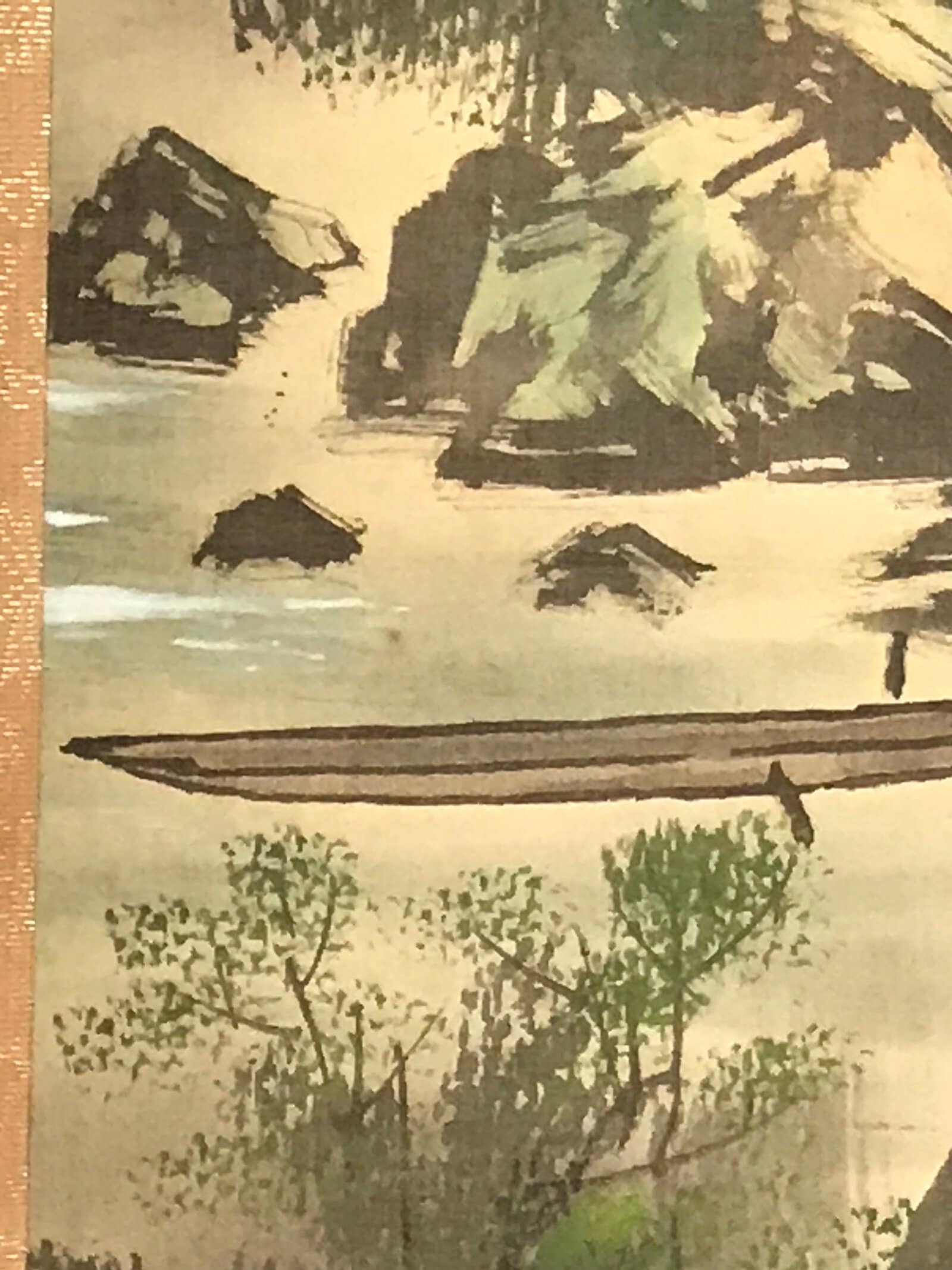 Japanese Boxed Hanging Scroll Kakejiku Vtg River Boat House Mountain Color KJ156