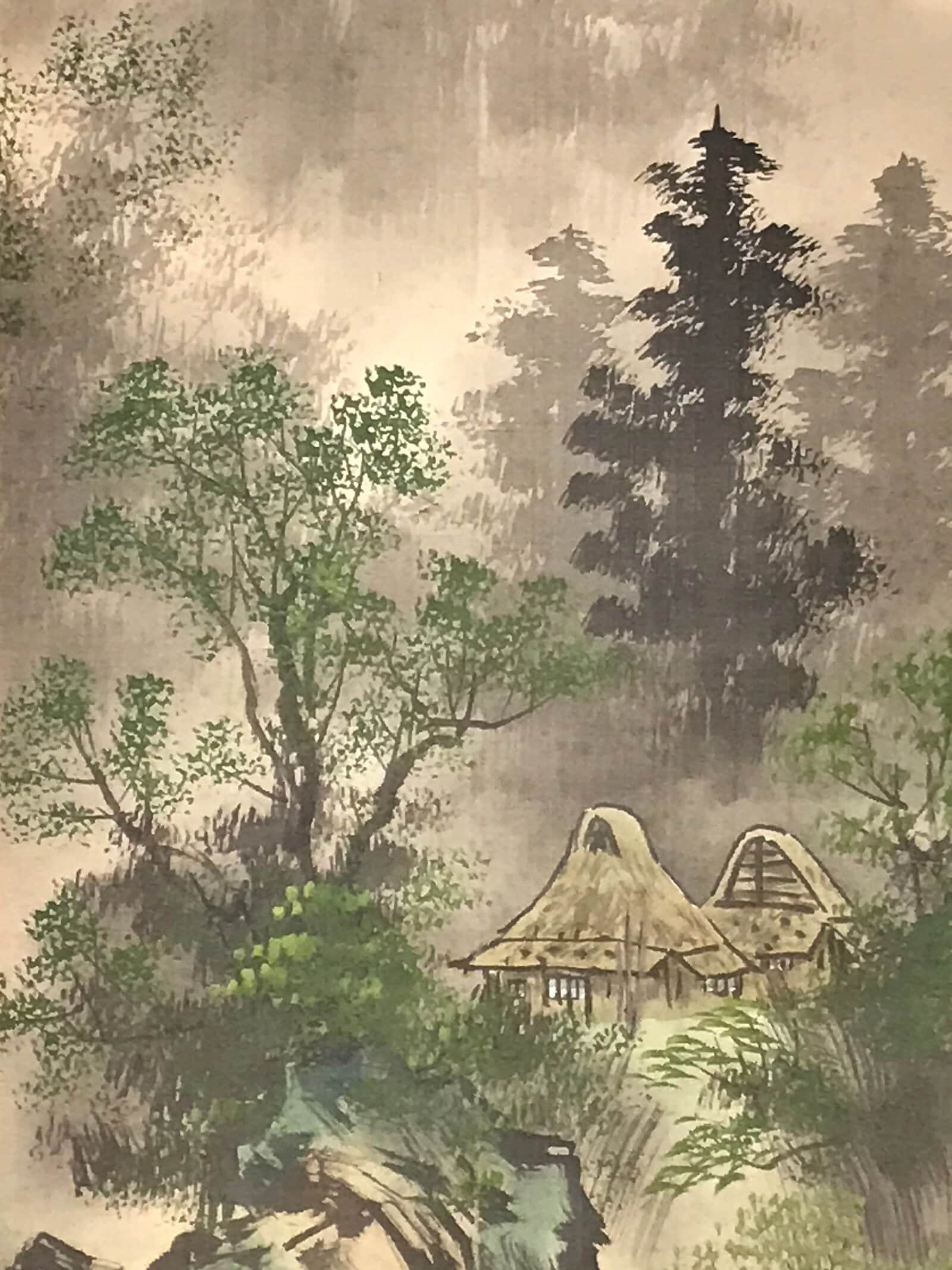 Japanese Boxed Hanging Scroll Kakejiku Vtg River Boat House Mountain Color KJ156