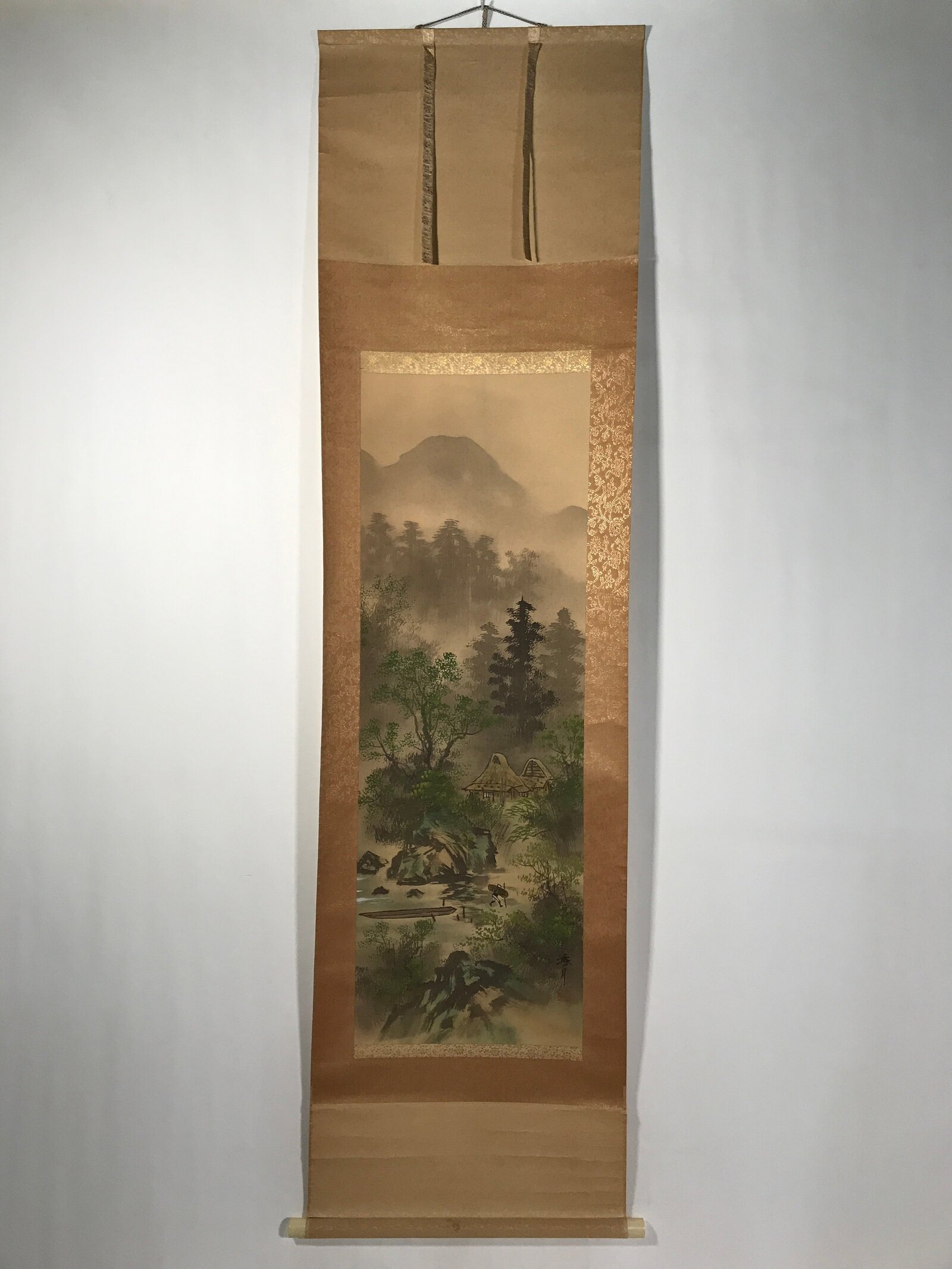 Japanese Boxed Hanging Scroll Kakejiku Vtg River Boat House Mountain Color KJ156