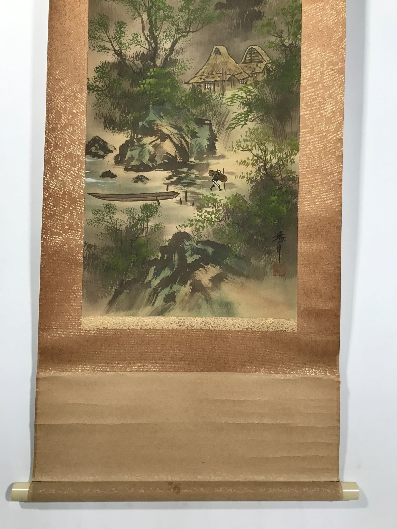 Japanese Boxed Hanging Scroll Kakejiku Vtg River Boat House Mountain Color KJ156