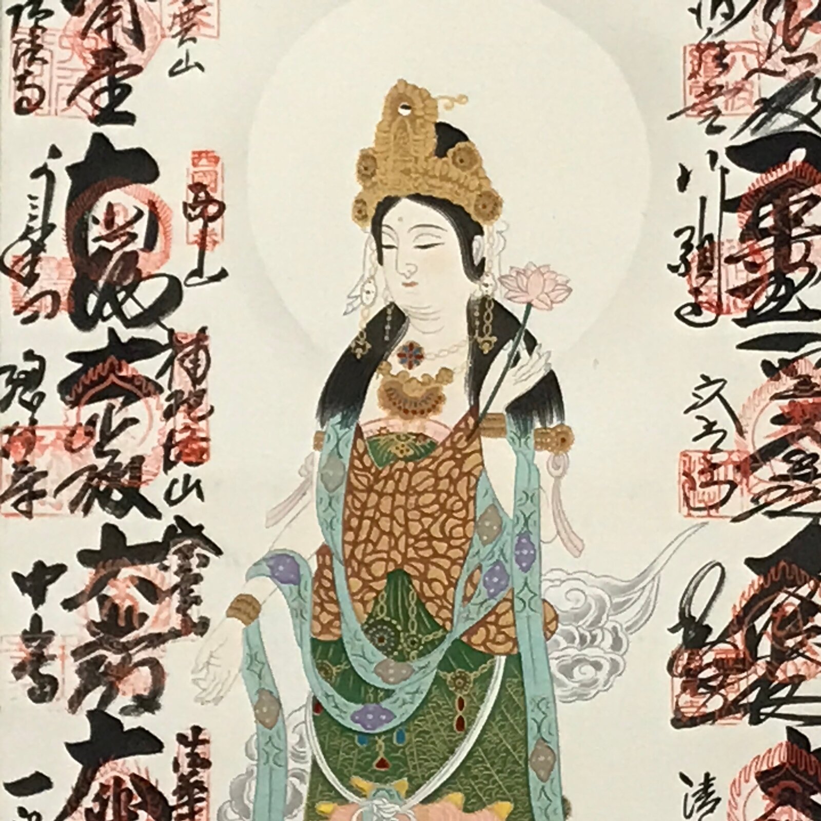 Japanese Boxed Hanging Scroll Kakejiku Vtg Saigoku Kannon Pilgrimage Color KJ134