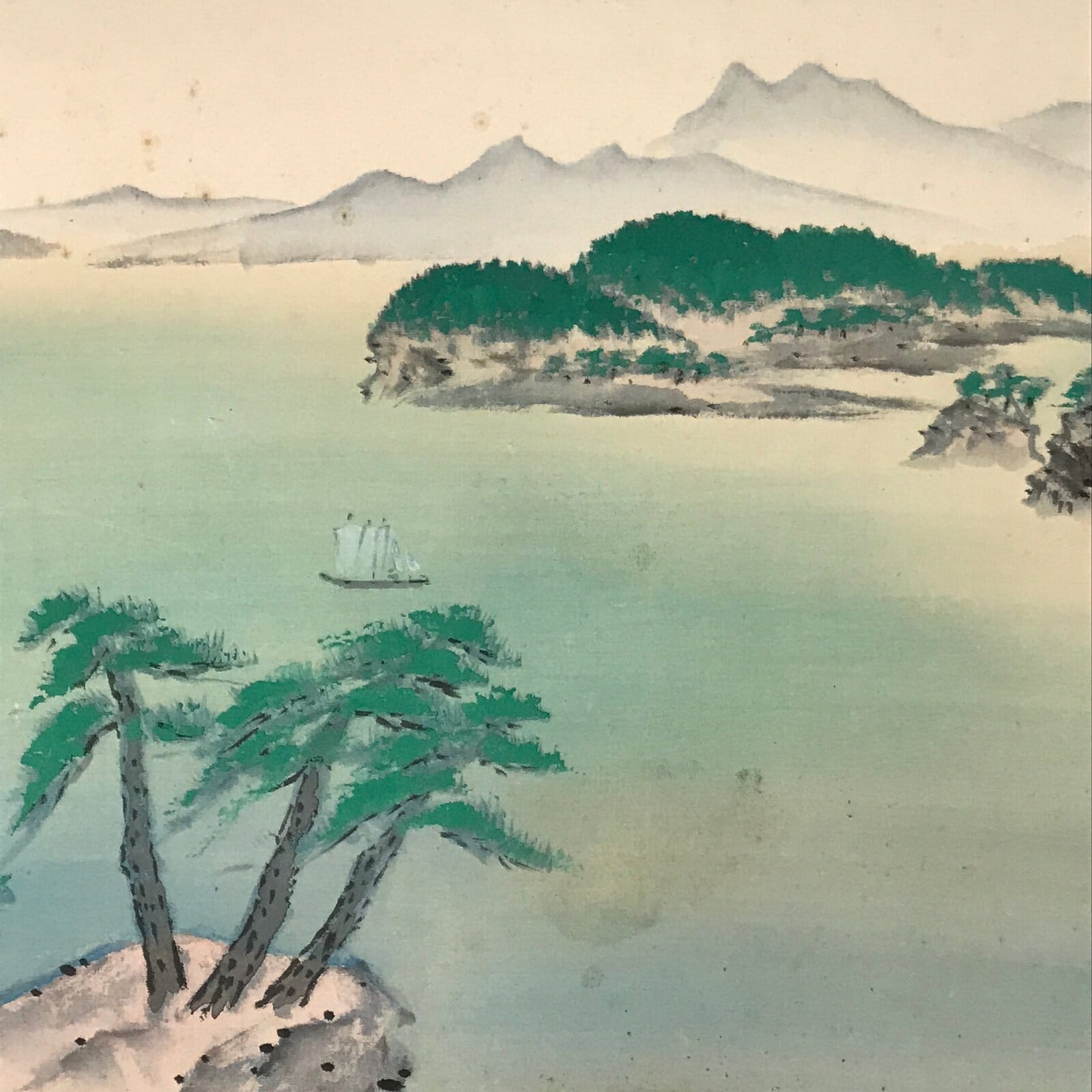 Japanese Boxed Hanging Scroll Kakejiku Vtg Seto Inland Sea Landscape Color KJ137