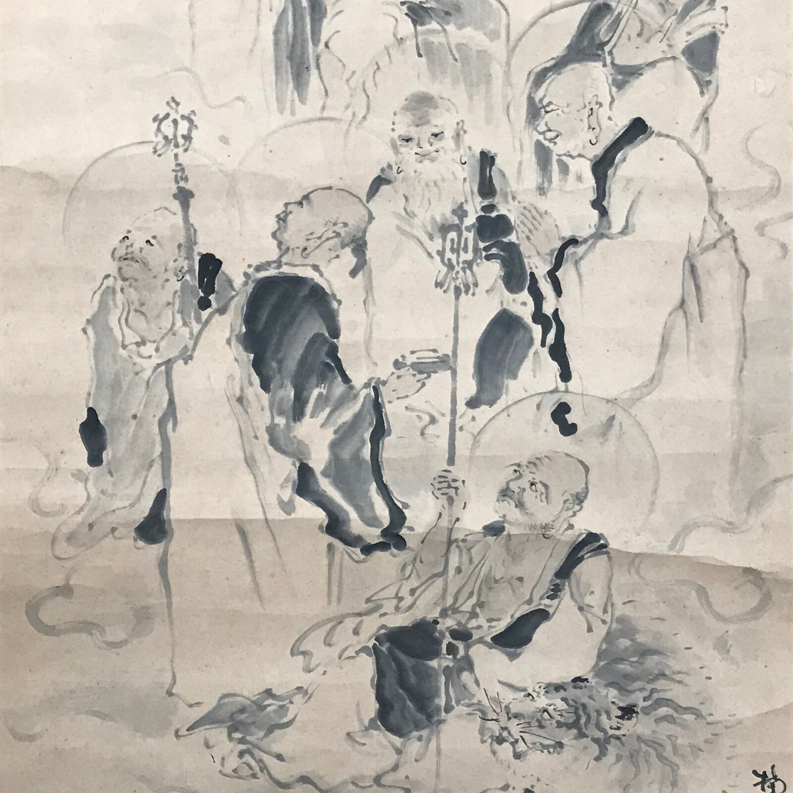 Japanese Boxed Hanging Scroll Kakejiku Vtg Sixteen Arhats Zen Buddhism KJ155