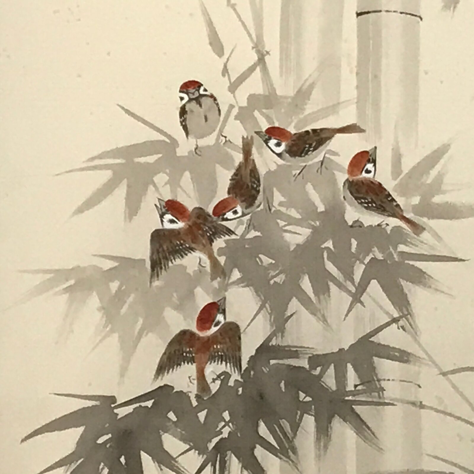 Japanese Boxed Hanging Scroll Vtg Birds Suzume Bamboo Kacho Kakejiku SC984