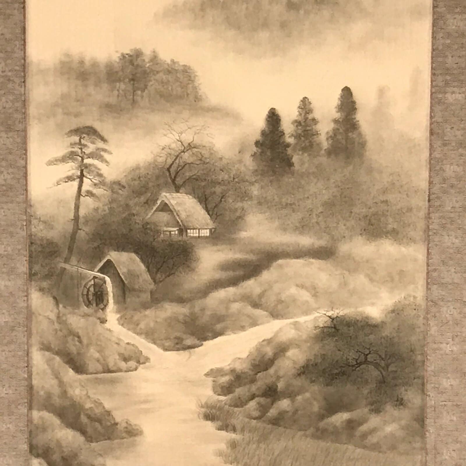 Japanese Boxed Hanging Scroll Vtg Black White Ink Landscape Sansui Kakejiku KJ35
