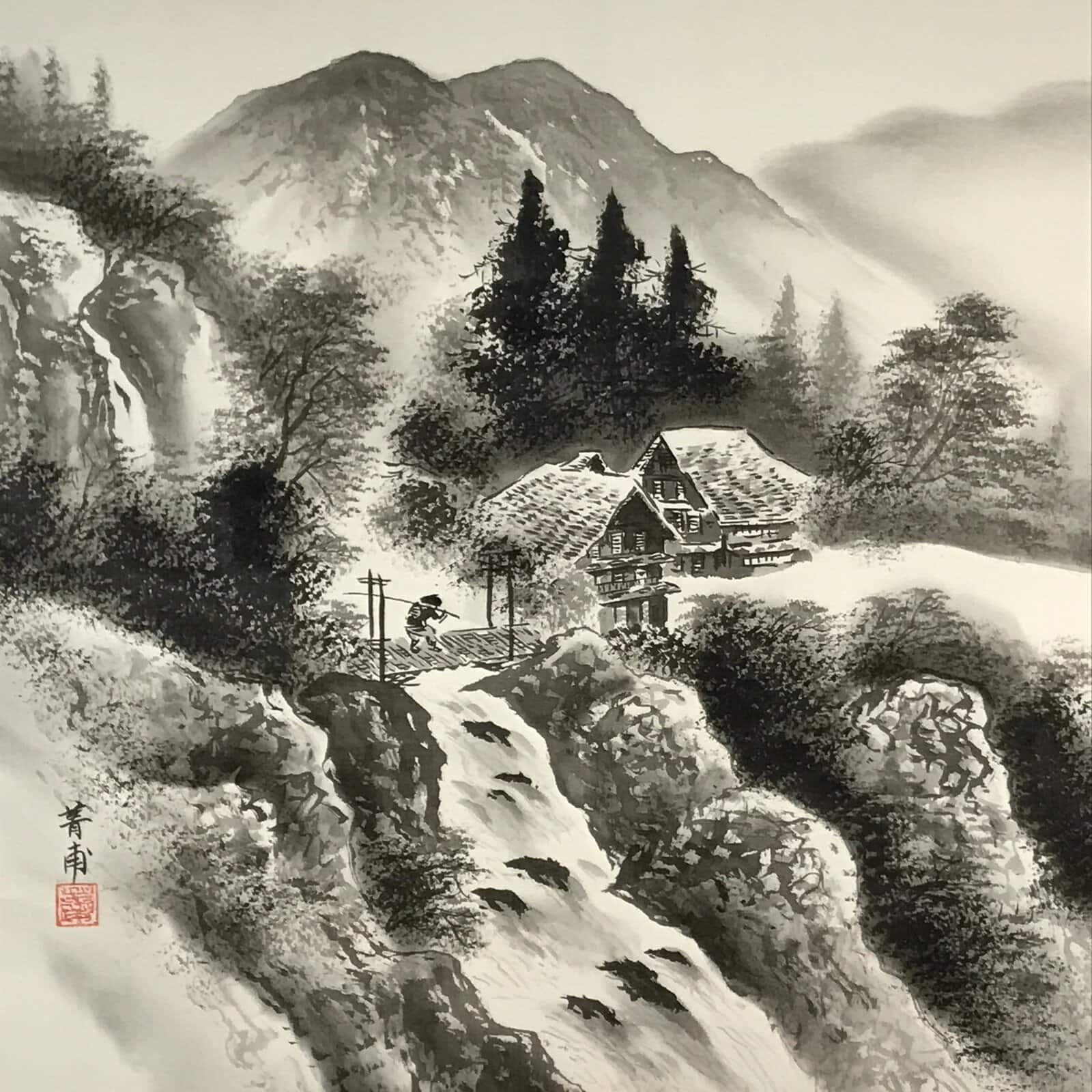 Japanese Boxed Hanging Scroll Vtg Black White Ink Landscape Sansui Kakejiku KJ37