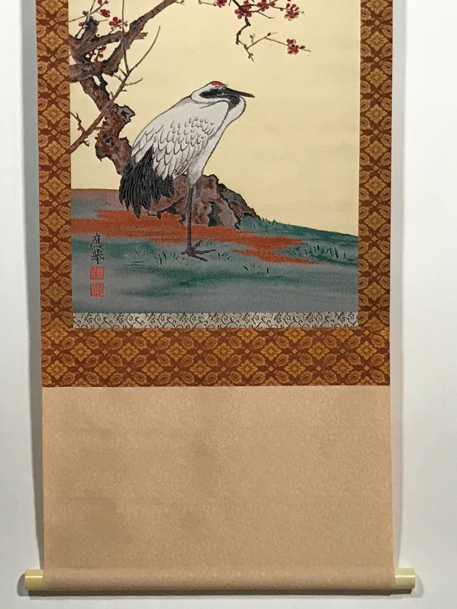 Japanese Boxed Hanging Scroll Vtg Crane Plum Flowers Kacho Kakejiku SC977