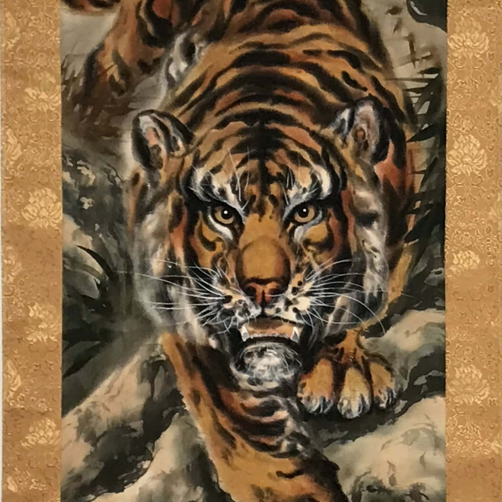 Japanese Boxed Hanging Scroll Vtg Fierce Tiger Orange Black Moko Kakejiku KJ34