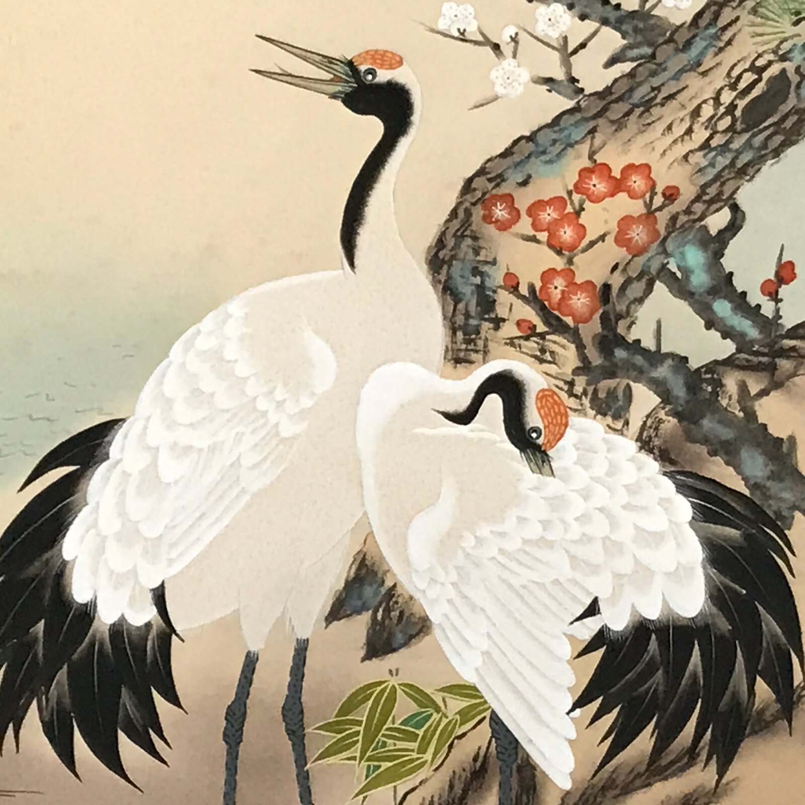 Japanese Boxed Hanging Scroll Vtg Kakejiku Cranes Pine Tree Plum Blossoms KJ150