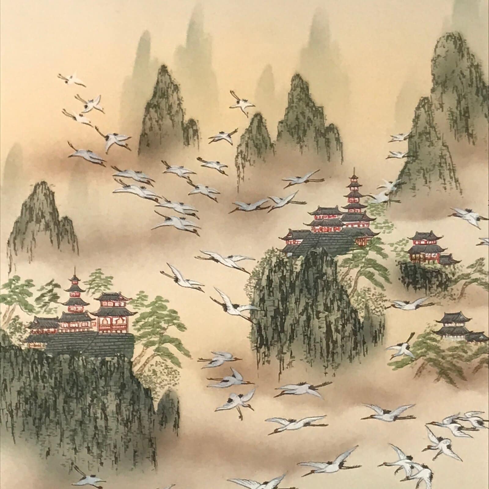 Japanese Boxed Hanging Scroll Vtg Kakejiku Hundred Cranes Flying Temples KJ153