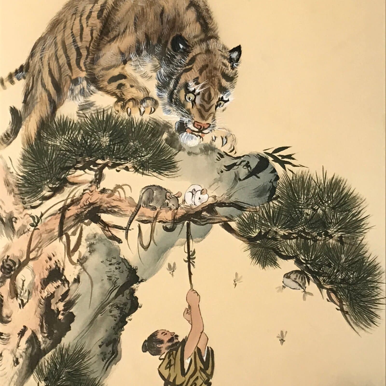 Japanese Boxed Hanging Scroll Vtg Kakejiku Man Hanging Vine Tiger Zen Koan KJ160
