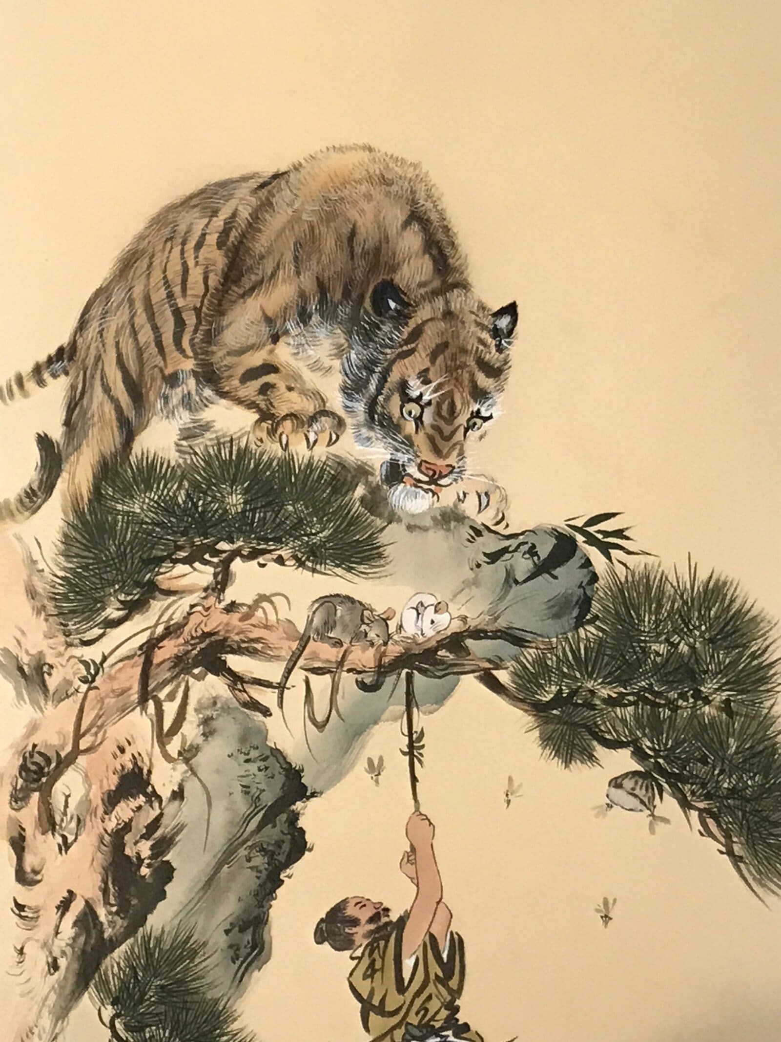 Japanese Boxed Hanging Scroll Vtg Kakejiku Man Hanging Vine Tiger Zen Koan KJ160