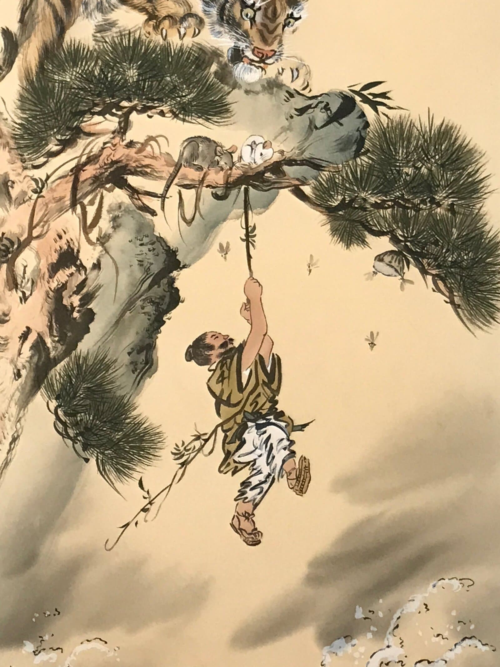 Japanese Boxed Hanging Scroll Vtg Kakejiku Man Hanging Vine Tiger Zen Koan KJ160