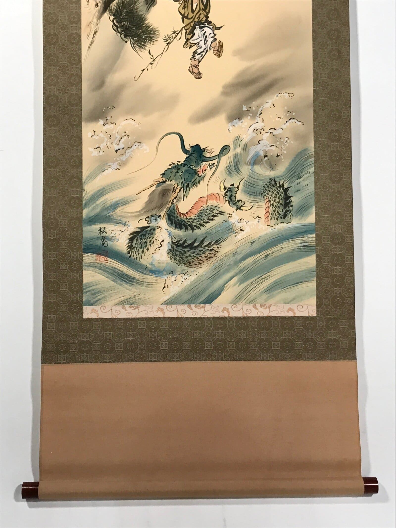 Japanese Boxed Hanging Scroll Vtg Kakejiku Man Hanging Vine Tiger Zen Koan KJ160