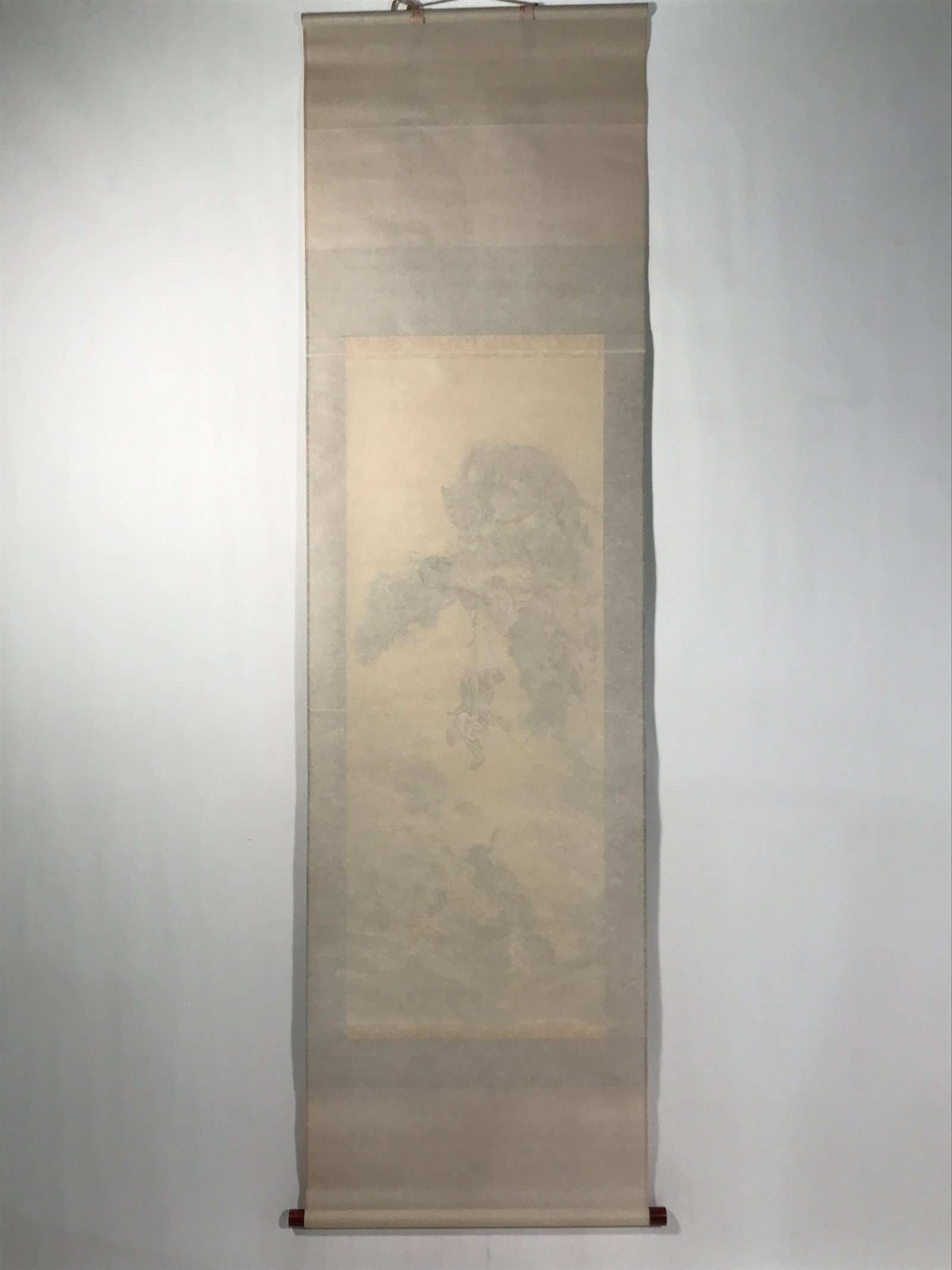 Japanese Boxed Hanging Scroll Vtg Kakejiku Man Hanging Vine Tiger Zen Koan KJ160